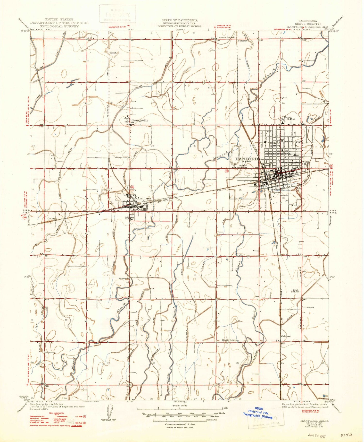 Classic USGS Hanford California 7.5'x7.5' Topo Map Image