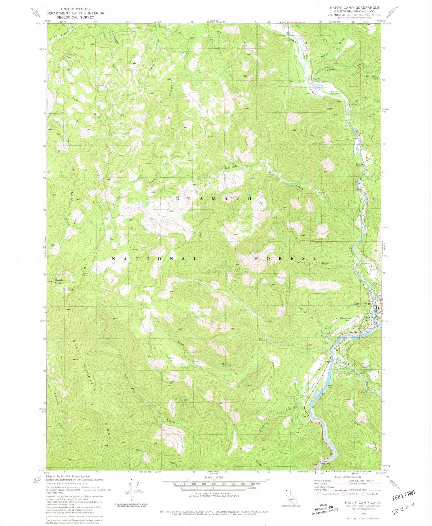 Classic USGS Happy Camp California 7.5'x7.5' Topo Map Image