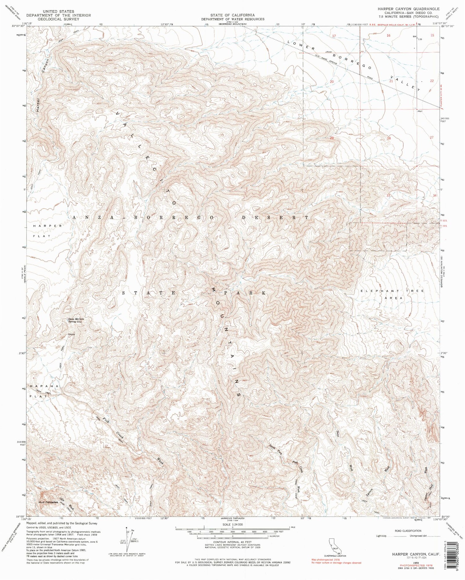 Classic USGS Harper Canyon California 7.5'x7.5' Topo Map Image