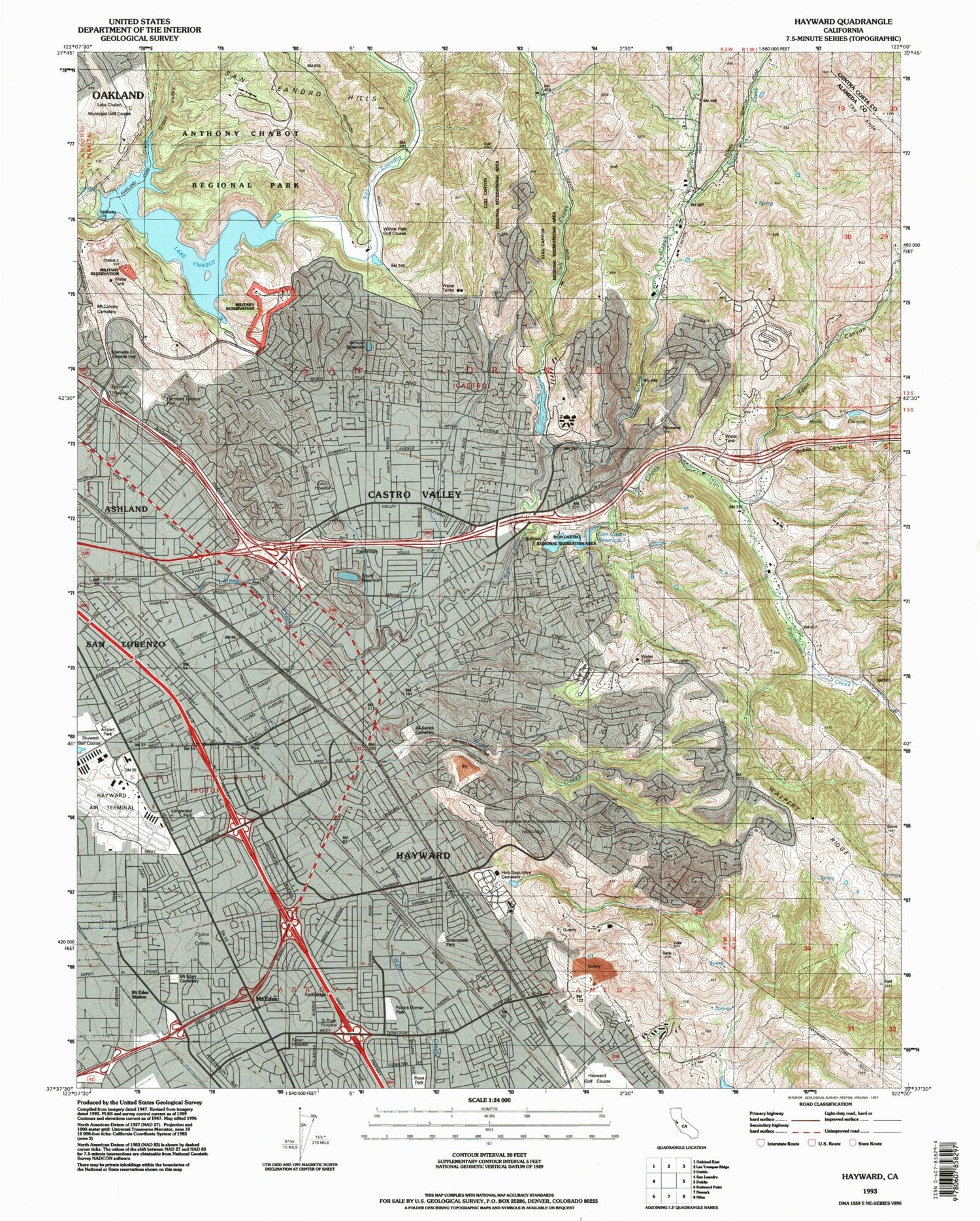 Classic USGS Hayward California 7.5'x7.5' Topo Map Image