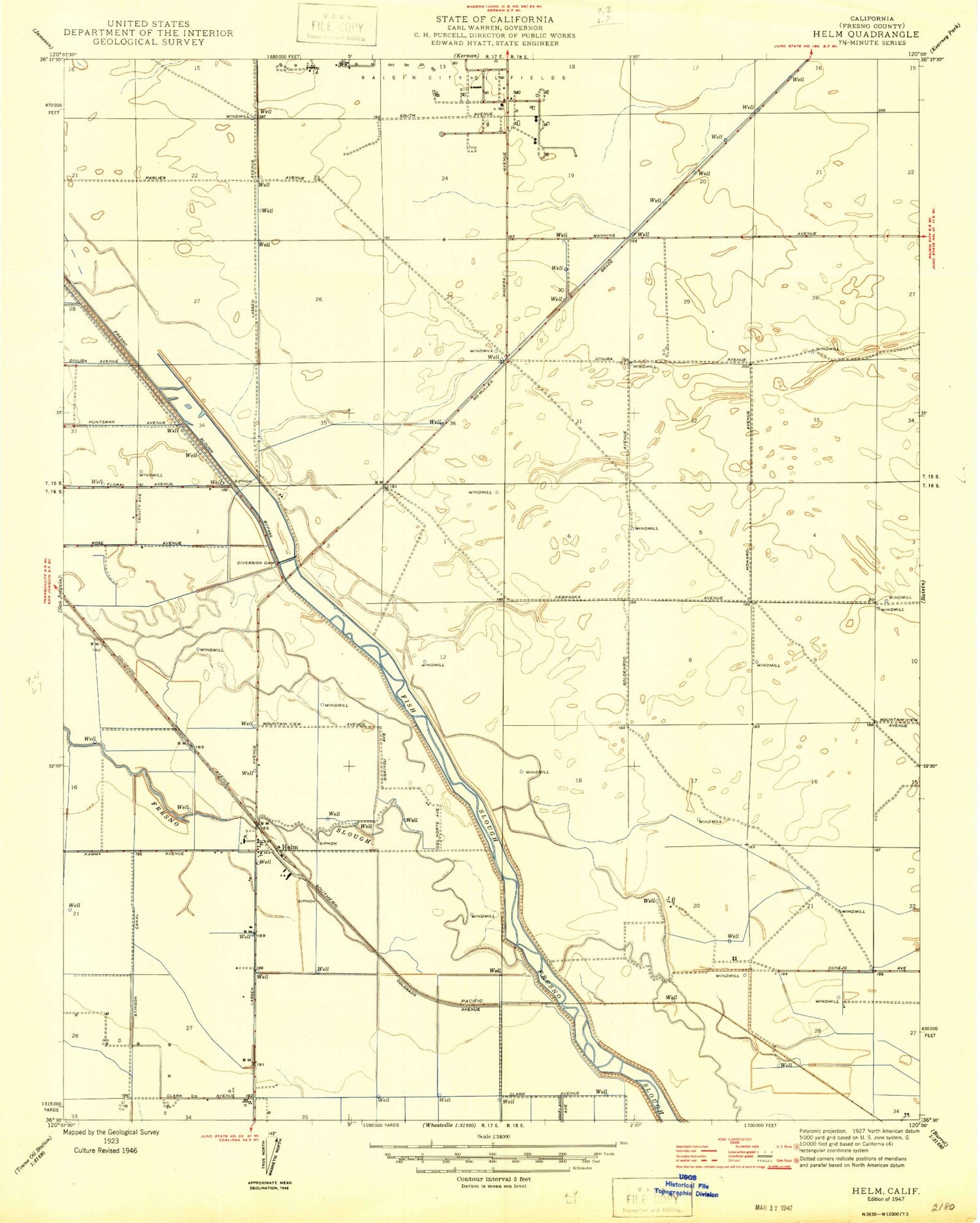Classic USGS Helm California 7.5'x7.5' Topo Map Image