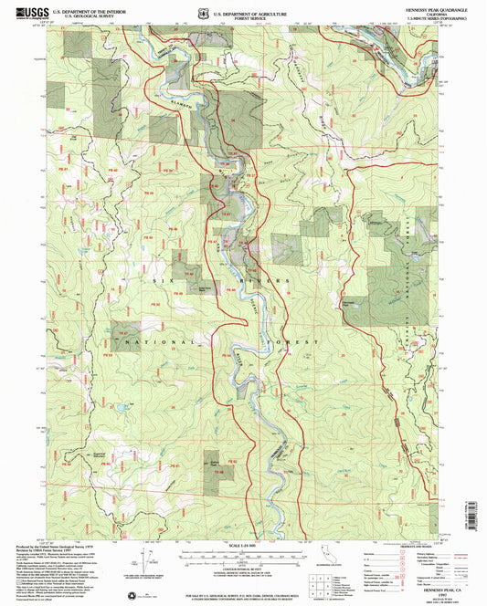 Classic USGS Hennessy Peak California 7.5'x7.5' Topo Map Image
