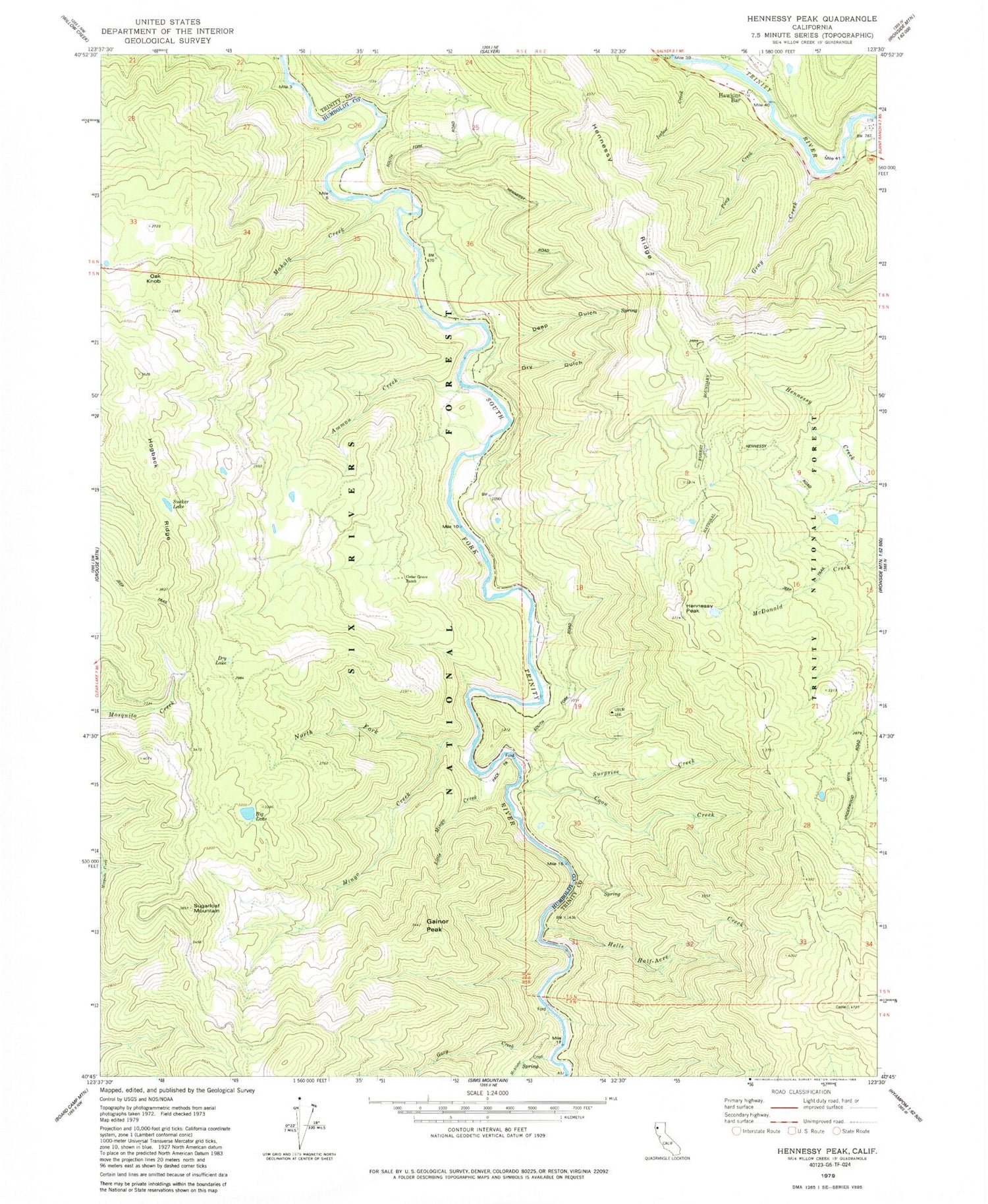 Classic USGS Hennessy Peak California 7.5'x7.5' Topo Map Image