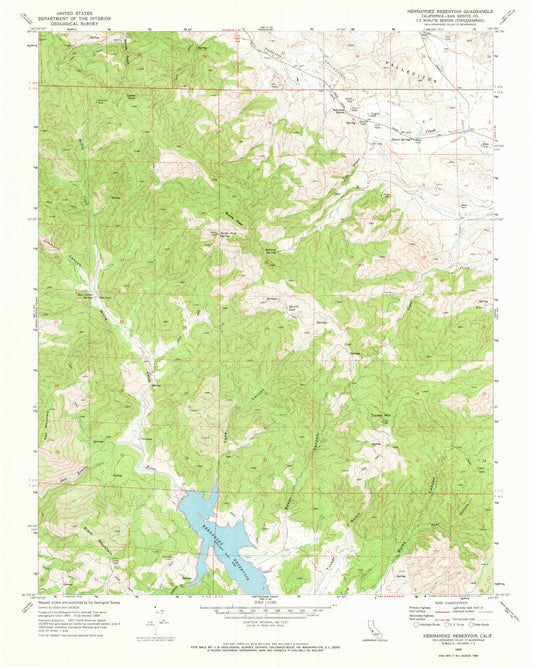 Classic USGS Hernandez Reservoir California 7.5'x7.5' Topo Map Image
