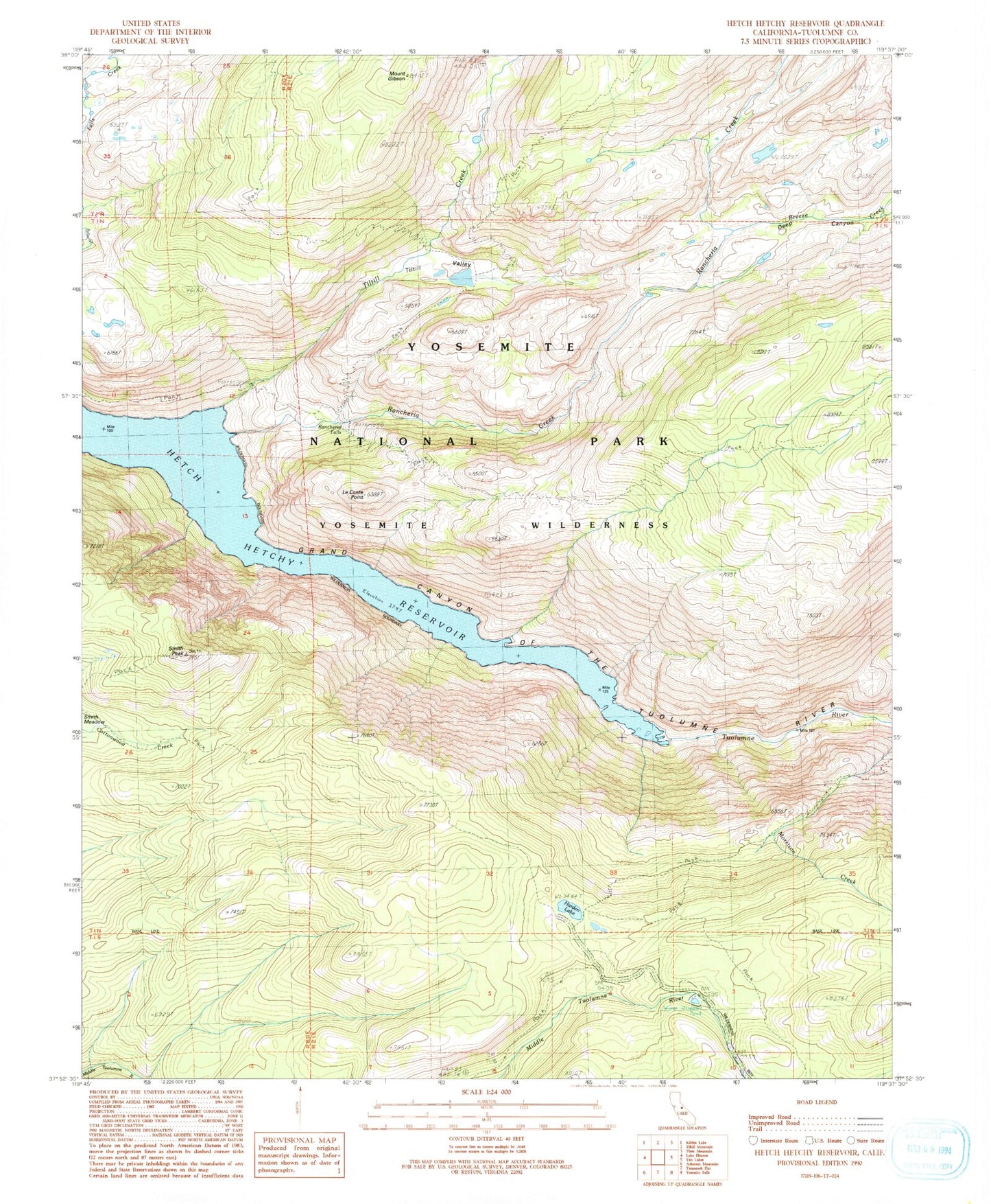 USGS Classic Hetch Hetchy Reservoir California 7.5'x7.5' Topo Map Image