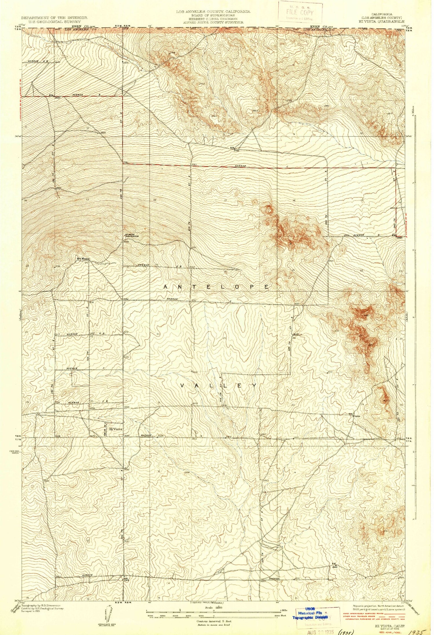 Classic USGS Hi Vista California 7.5'x7.5' Topo Map Image