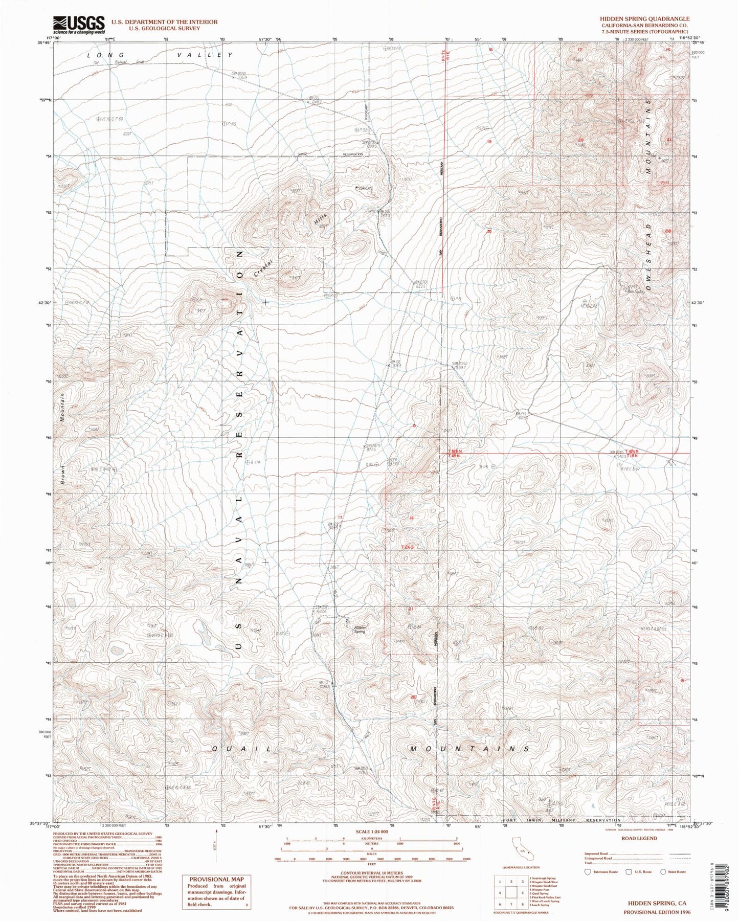 Classic USGS Hidden Spring California 7.5'x7.5' Topo Map Image