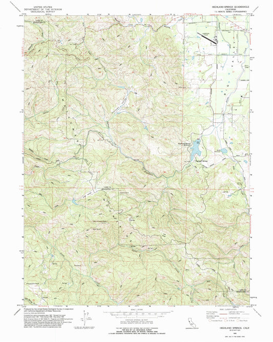 Classic USGS Highland Springs California 7.5'x7.5' Topo Map Image