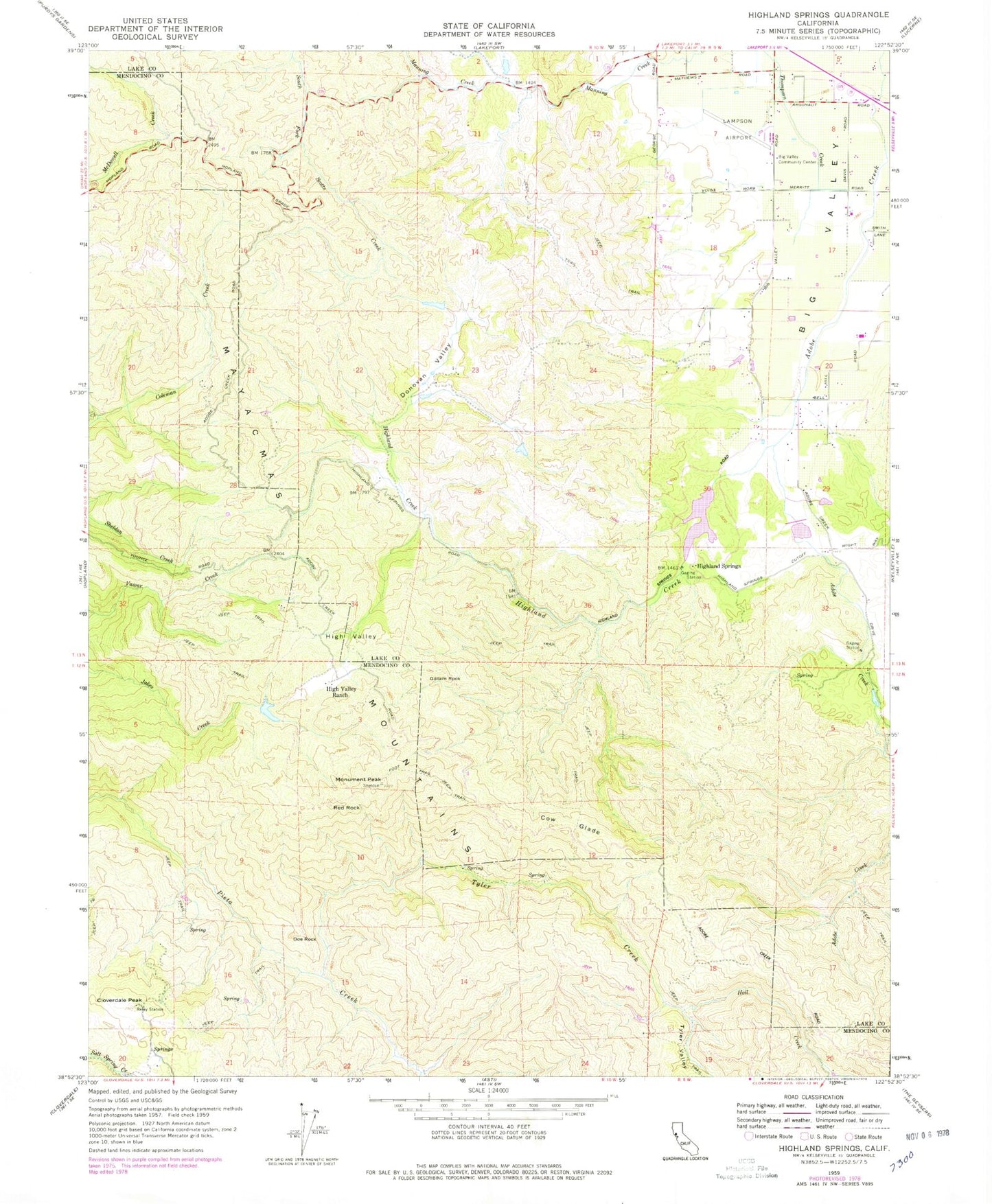 Classic USGS Highland Springs California 7.5'x7.5' Topo Map Image