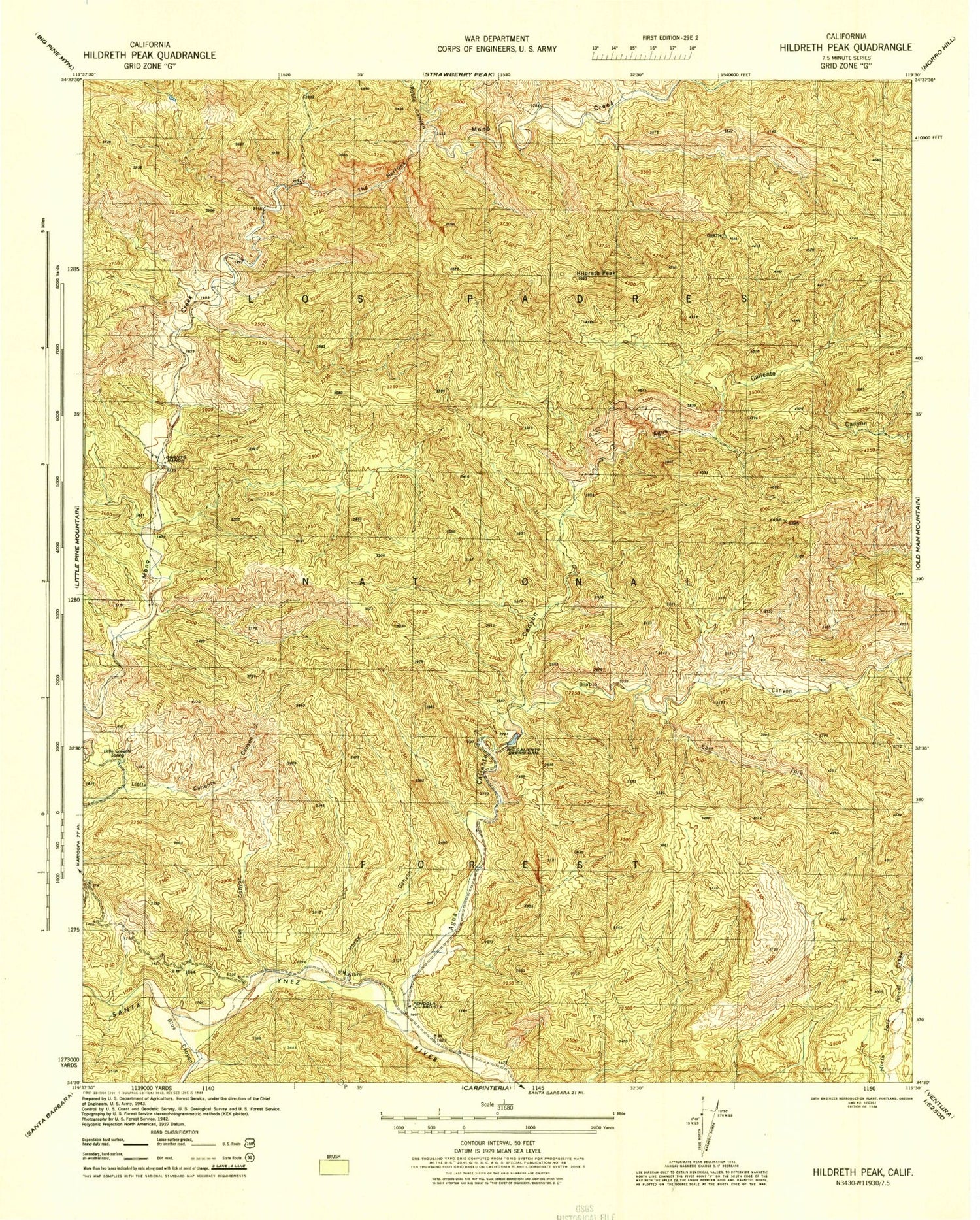 Classic USGS Hildreth Peak California 7.5'x7.5' Topo Map Image