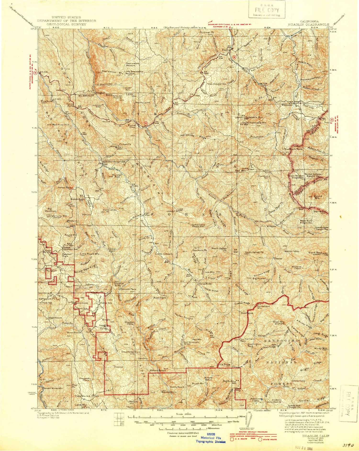 Historic 1935 Hoaglin California 30'x30' Topo Map Image
