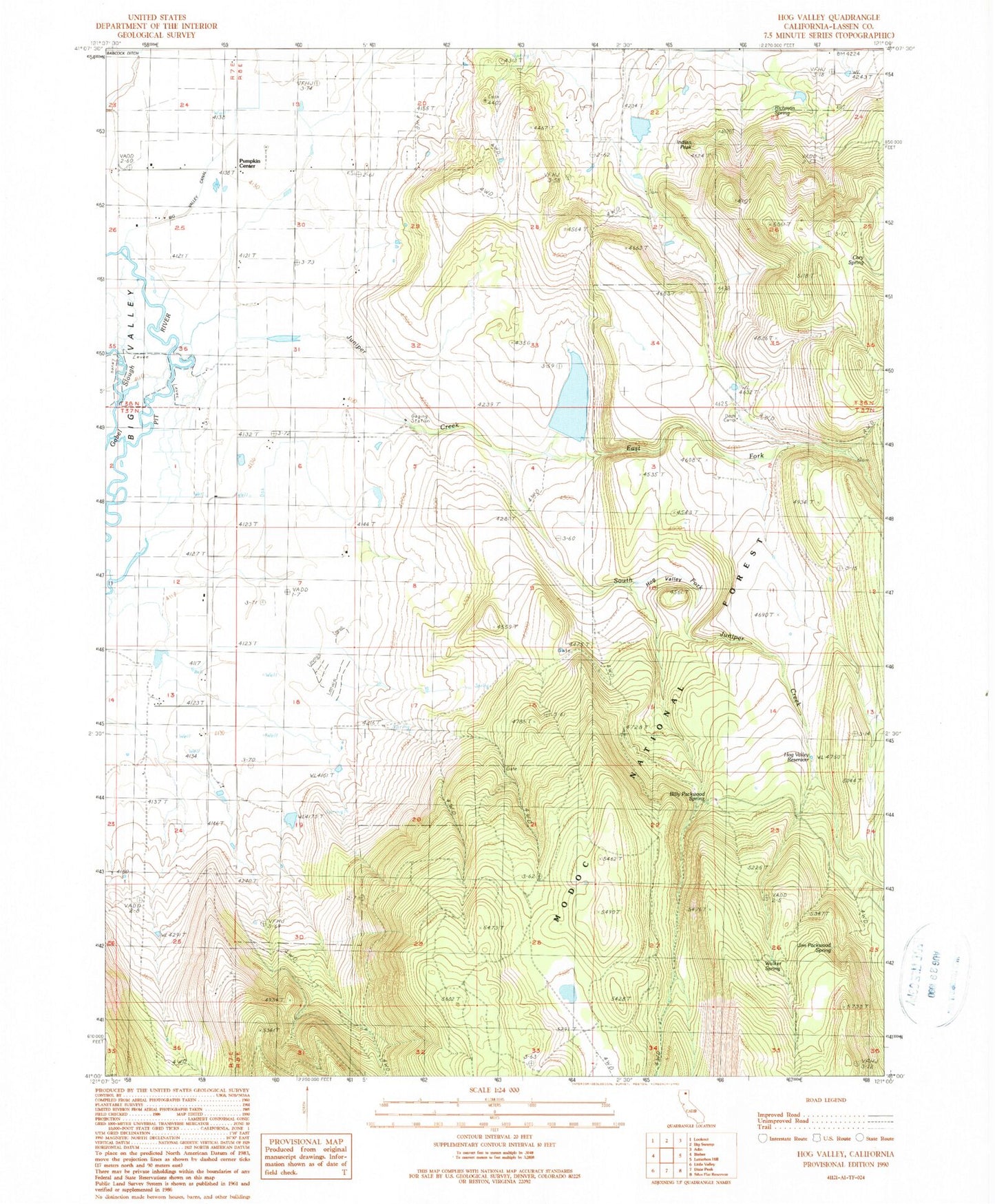Classic USGS Hog Valley California 7.5'x7.5' Topo Map Image