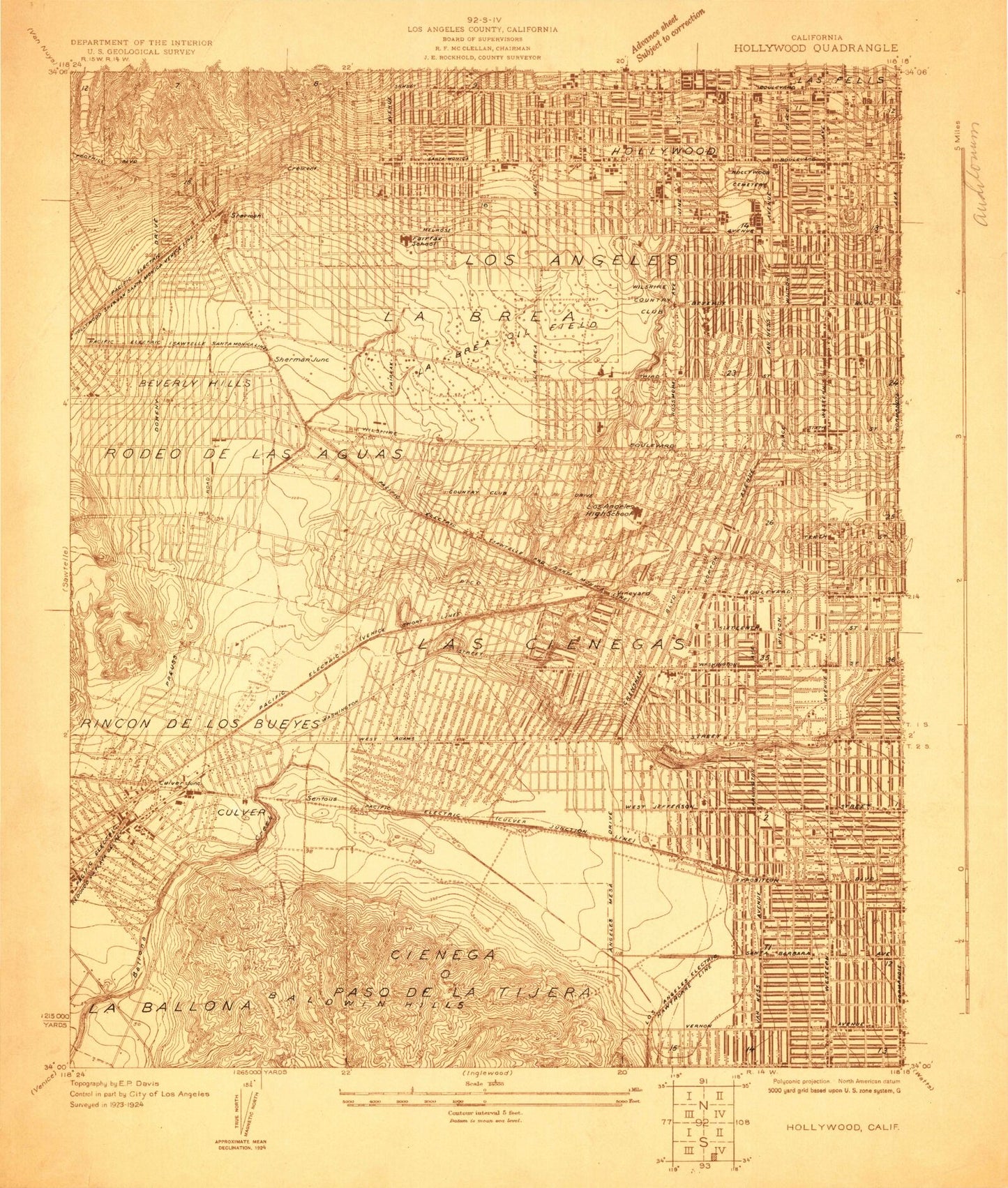 Classic USGS Hollywood California 7.5'x7.5' Topo Map Image