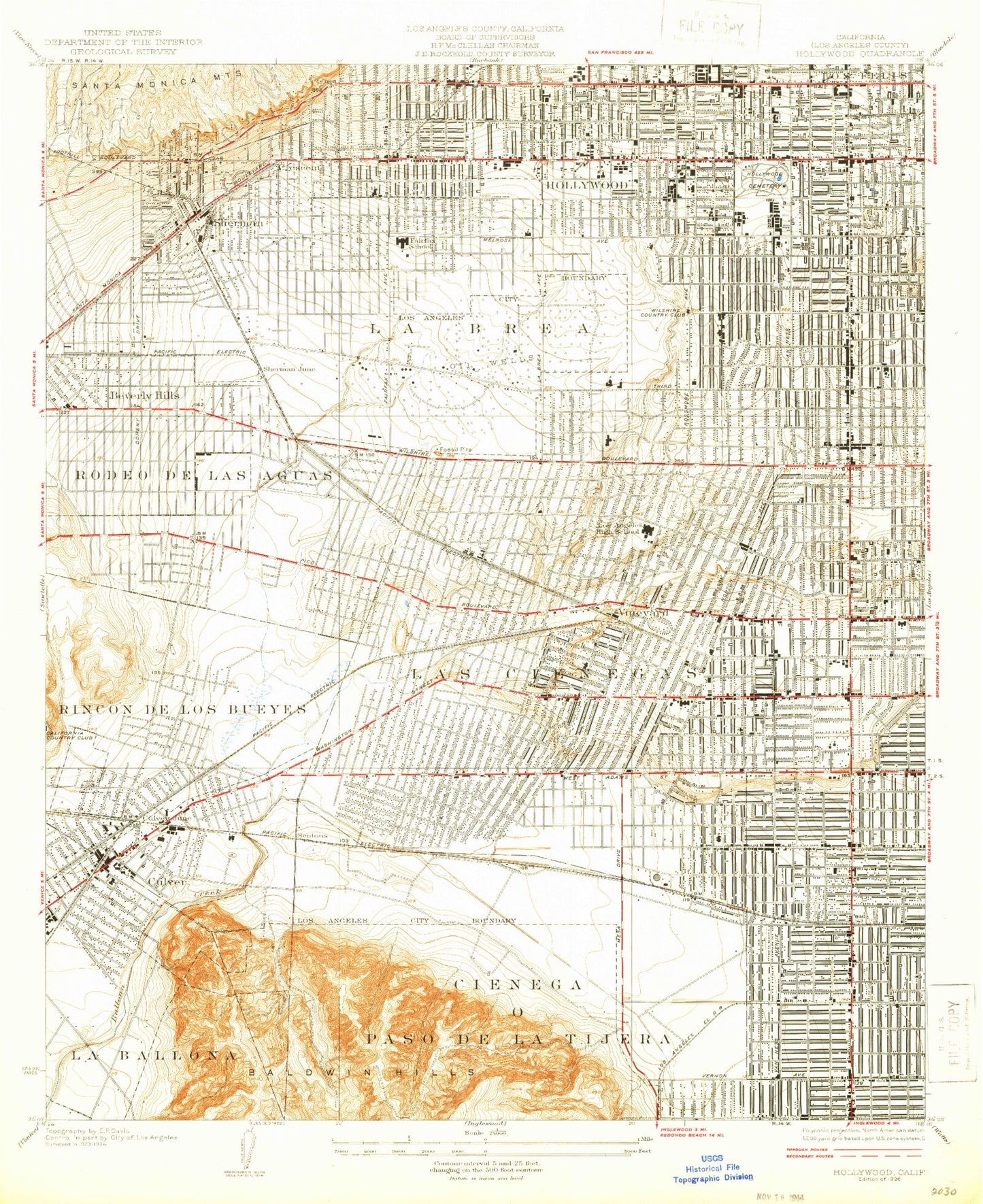 Classic USGS Hollywood California 7.5'x7.5' Topo Map Image