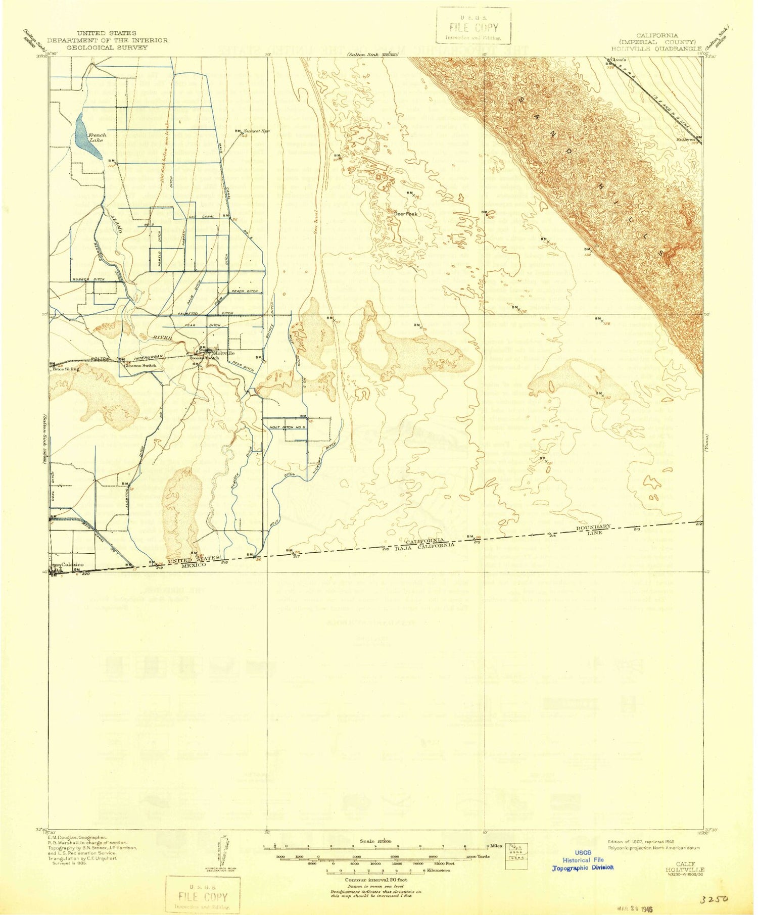 Historic 1907 Holtville California 30'x30' Topo Map Image