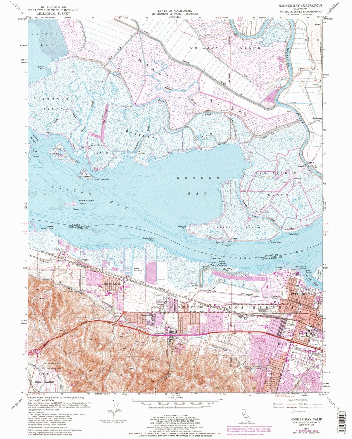 Classic USGS Honker Bay California 7.5'x7.5' Topo Map Image