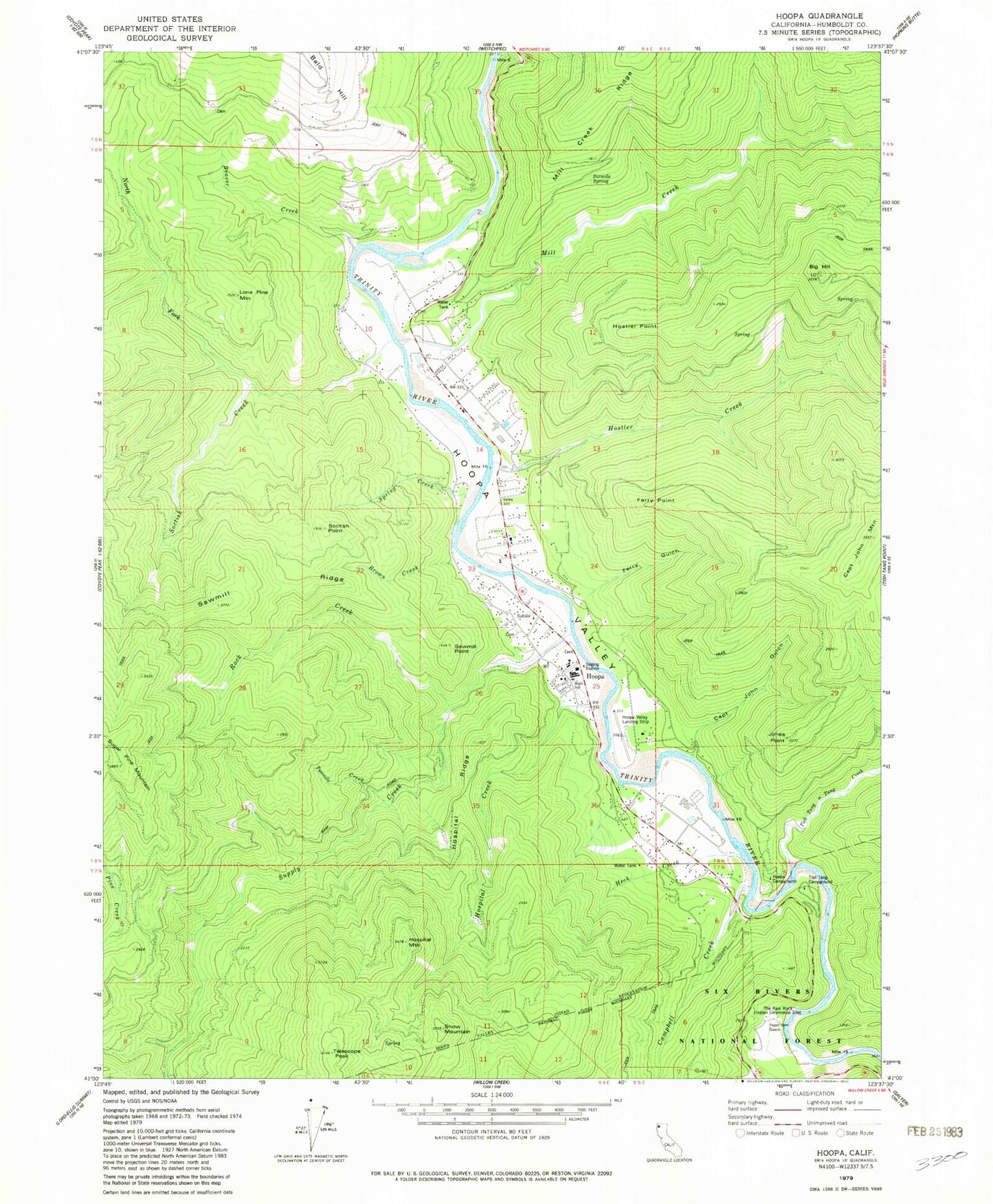 Classic USGS Hoopa California 7.5'x7.5' Topo Map Image