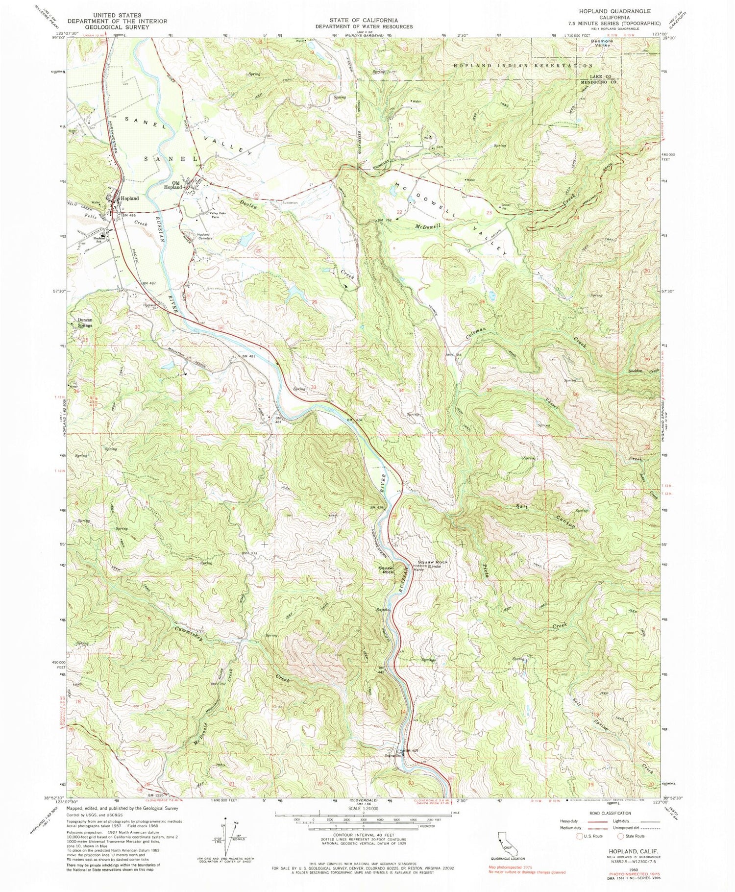Classic USGS Hopland California 7.5'x7.5' Topo Map Image