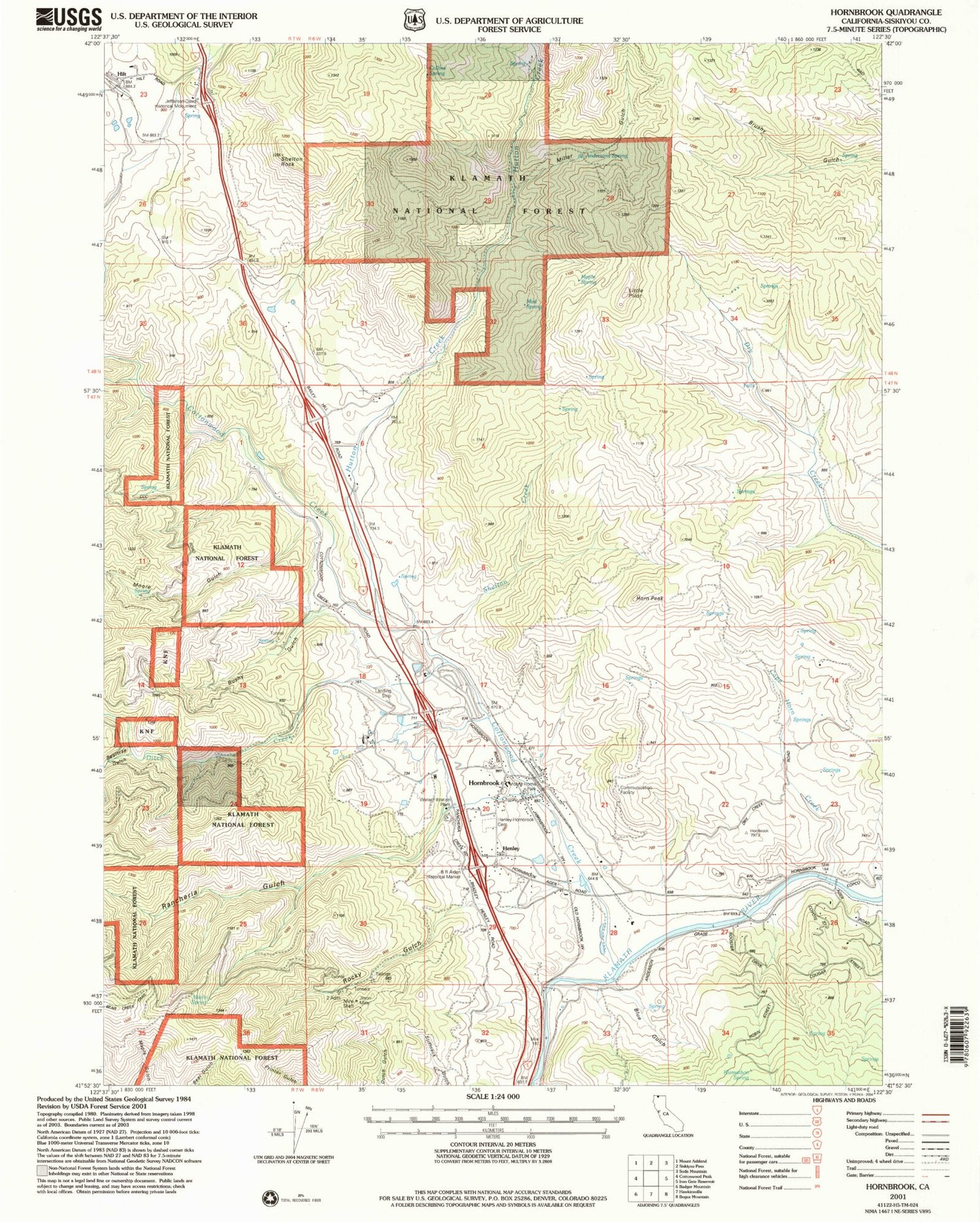Classic USGS Hornbrook California 7.5'x7.5' Topo Map Image