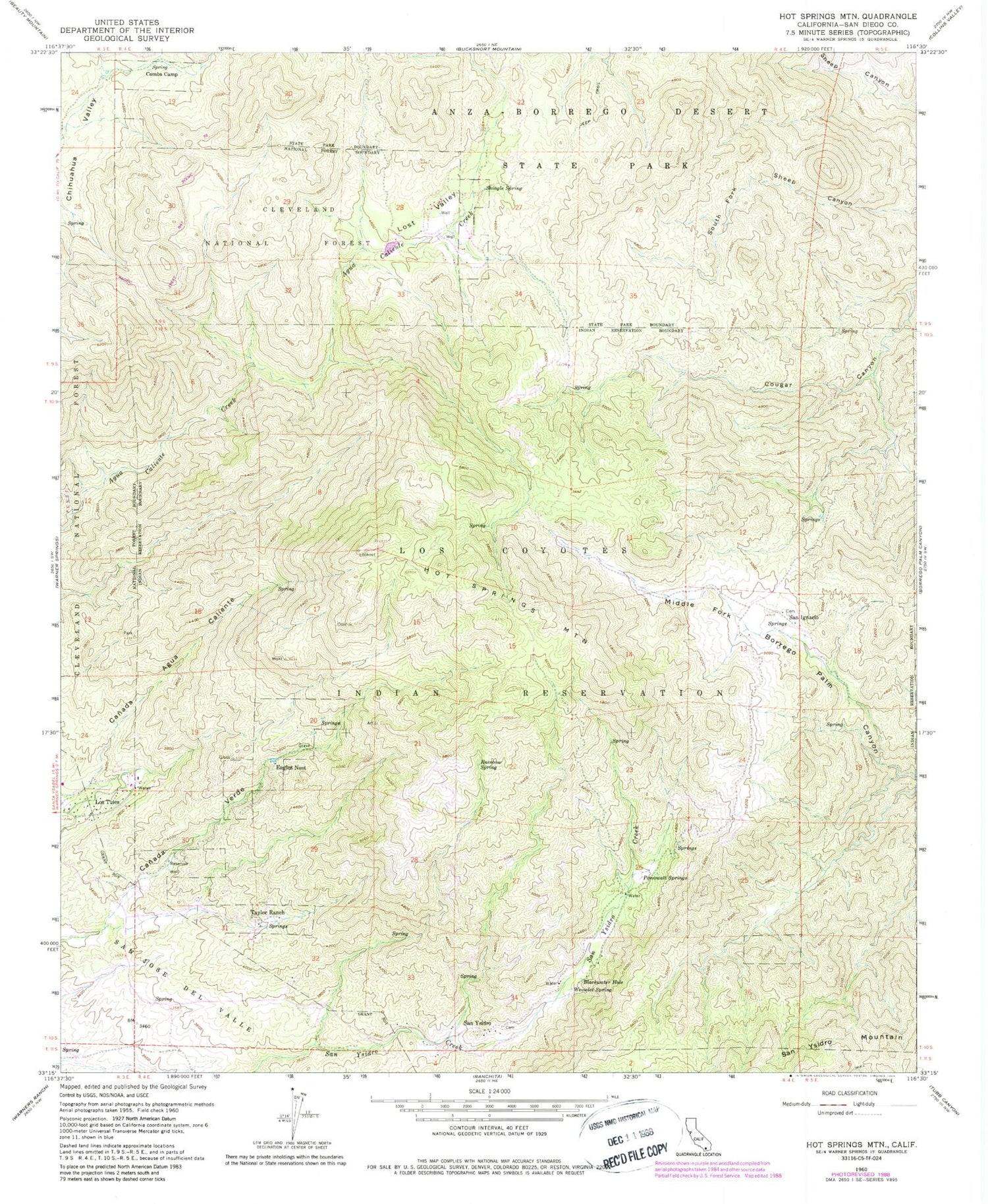 Classic USGS Hot Springs Mountain California 7.5'x7.5' Topo Map Image
