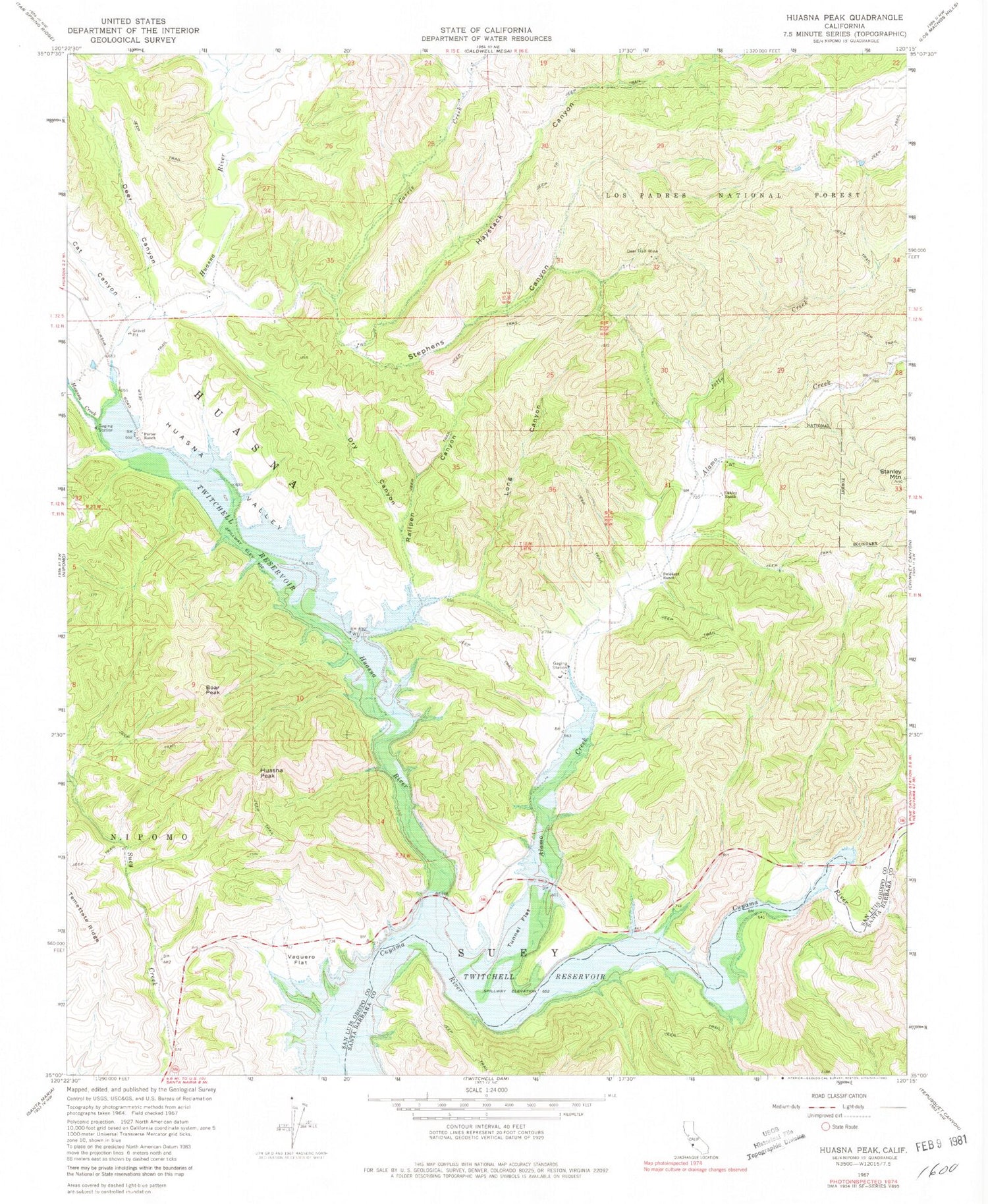 Classic USGS Huasna Peak California 7.5'x7.5' Topo Map Image