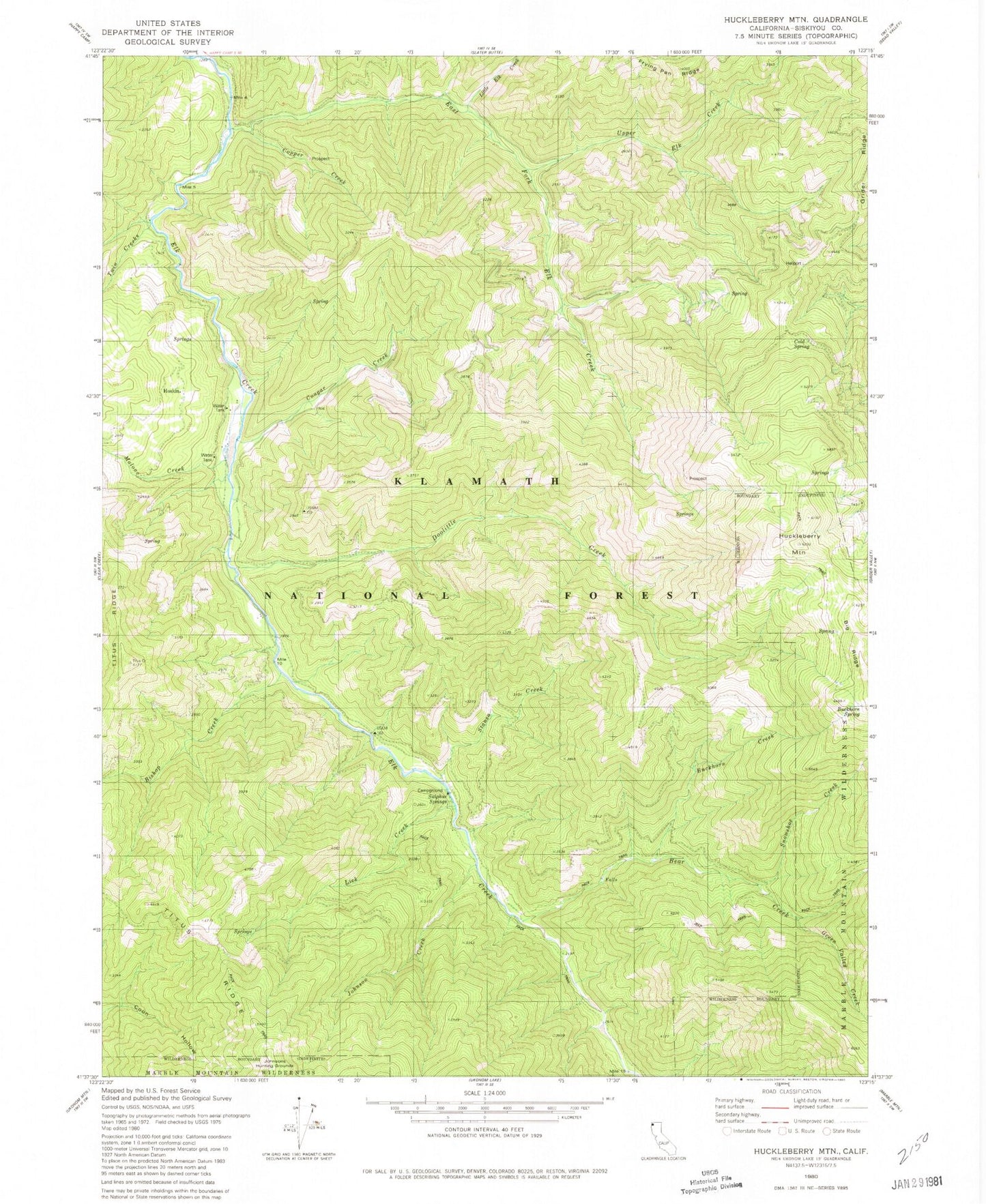 Classic USGS Huckleberry Mountain California 7.5'x7.5' Topo Map Image