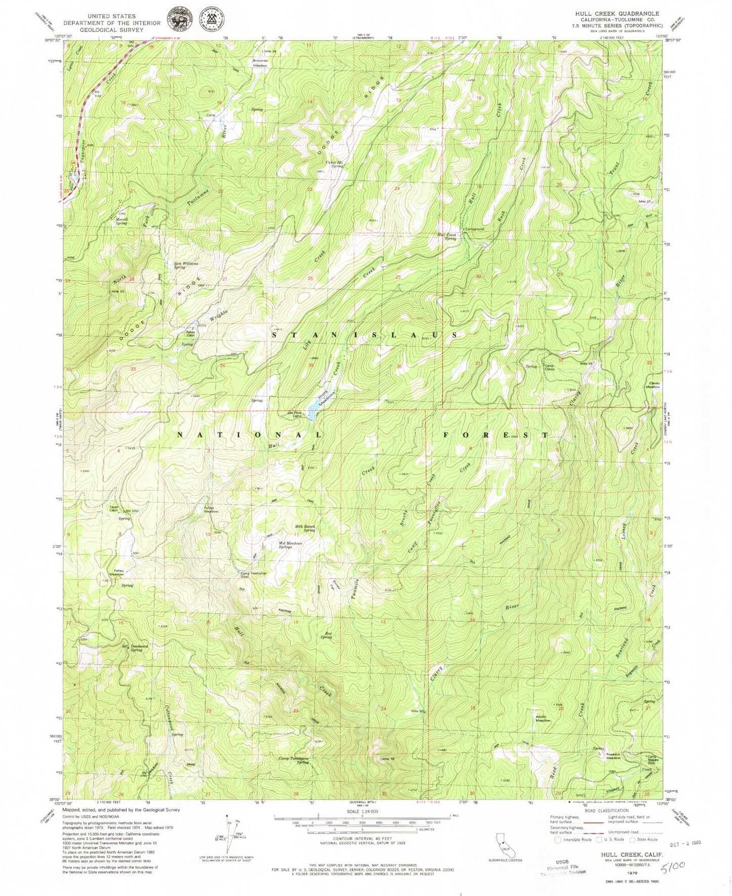 Classic USGS Hull Creek California 7.5'x7.5' Topo Map Image