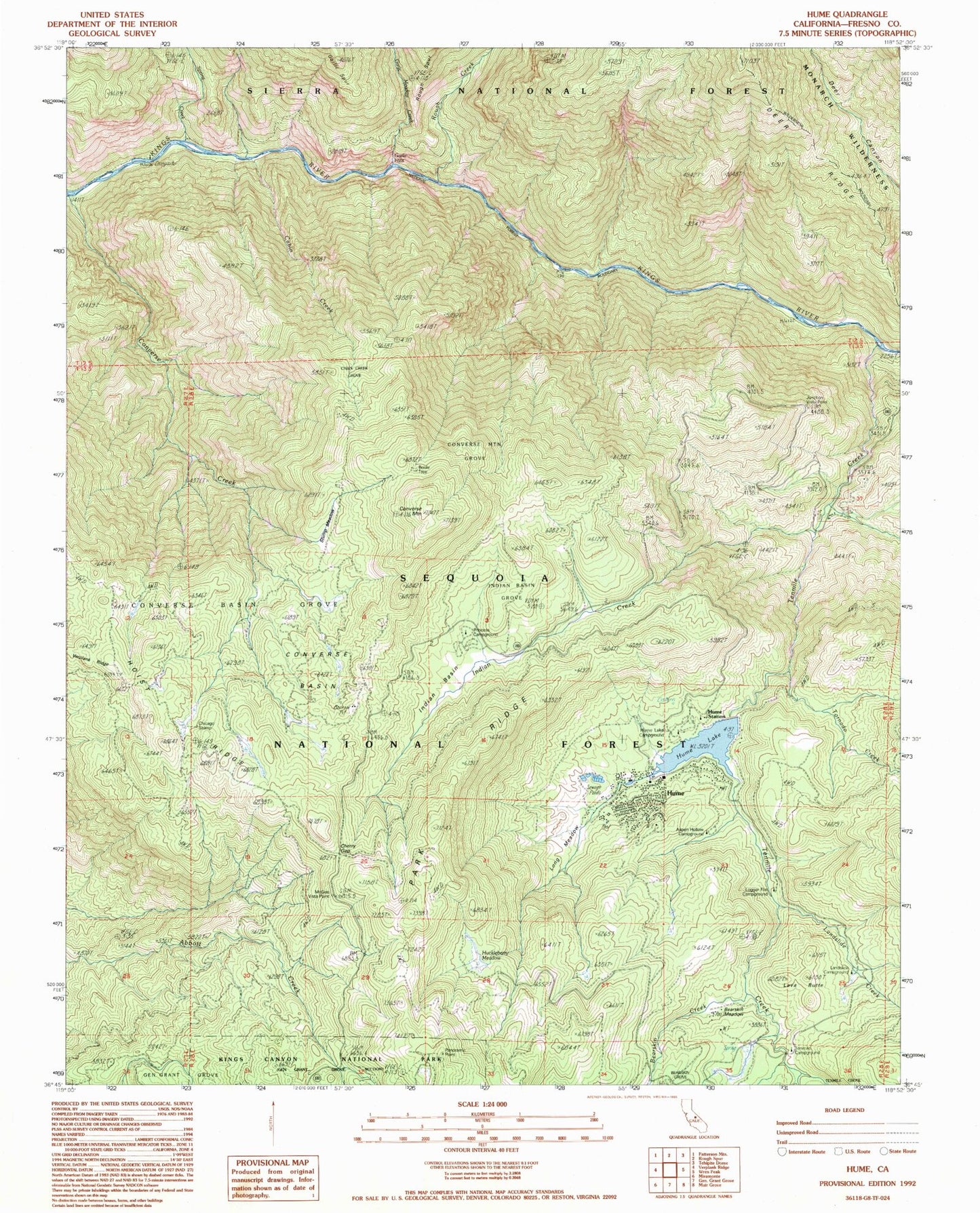 Classic USGS Hume California 7.5'x7.5' Topo Map Image