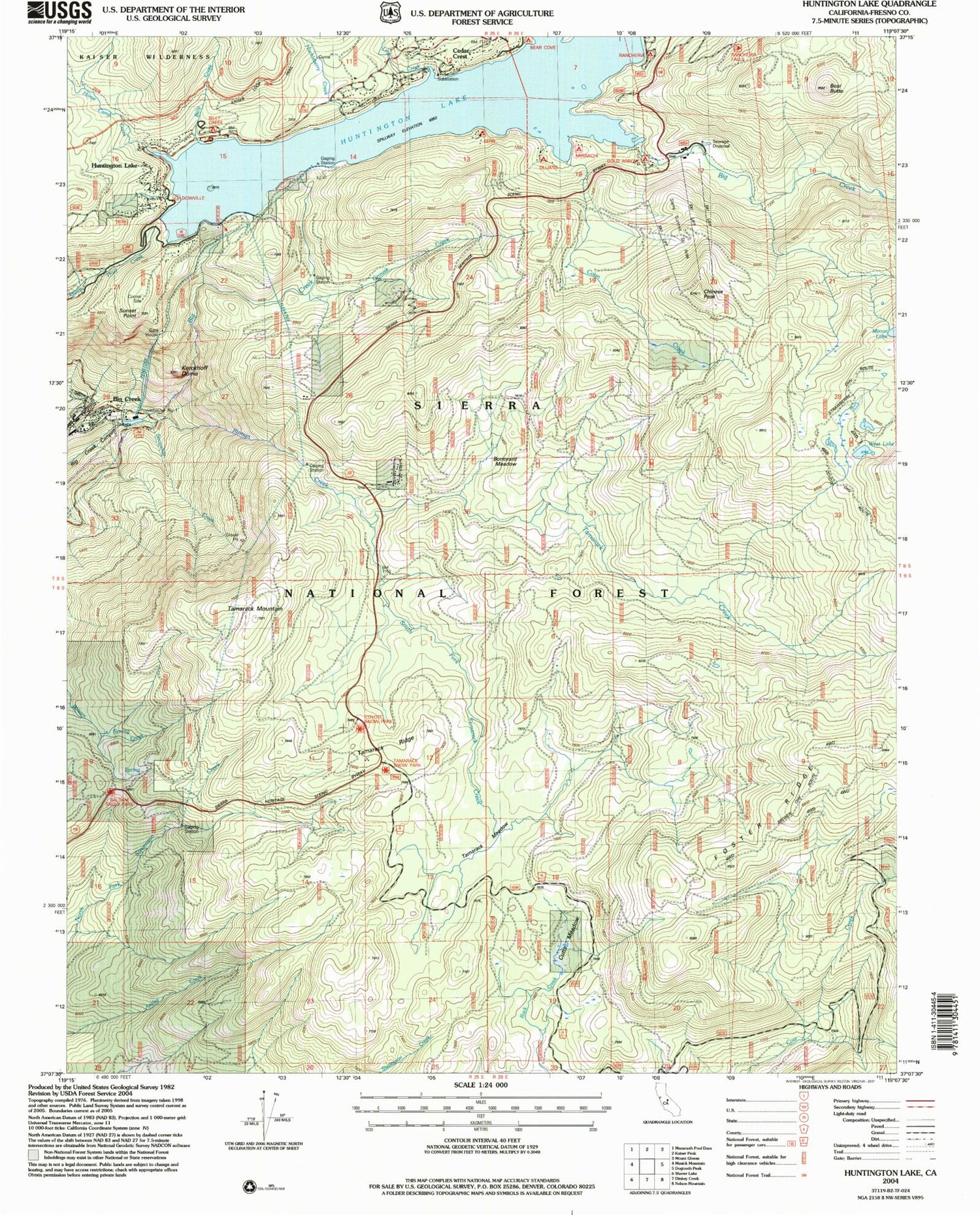 Classic USGS Huntington Lake California 7.5'x7.5' Topo Map Image