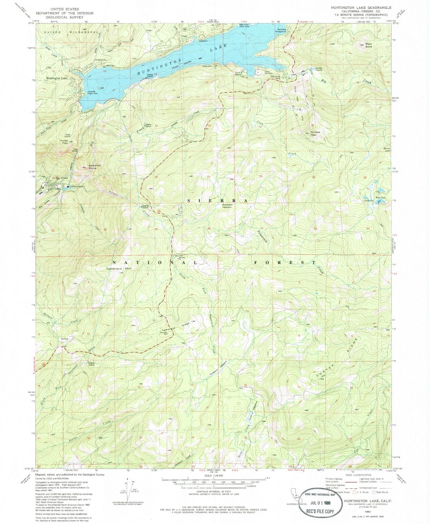 Classic USGS Huntington Lake California 7.5'x7.5' Topo Map Image