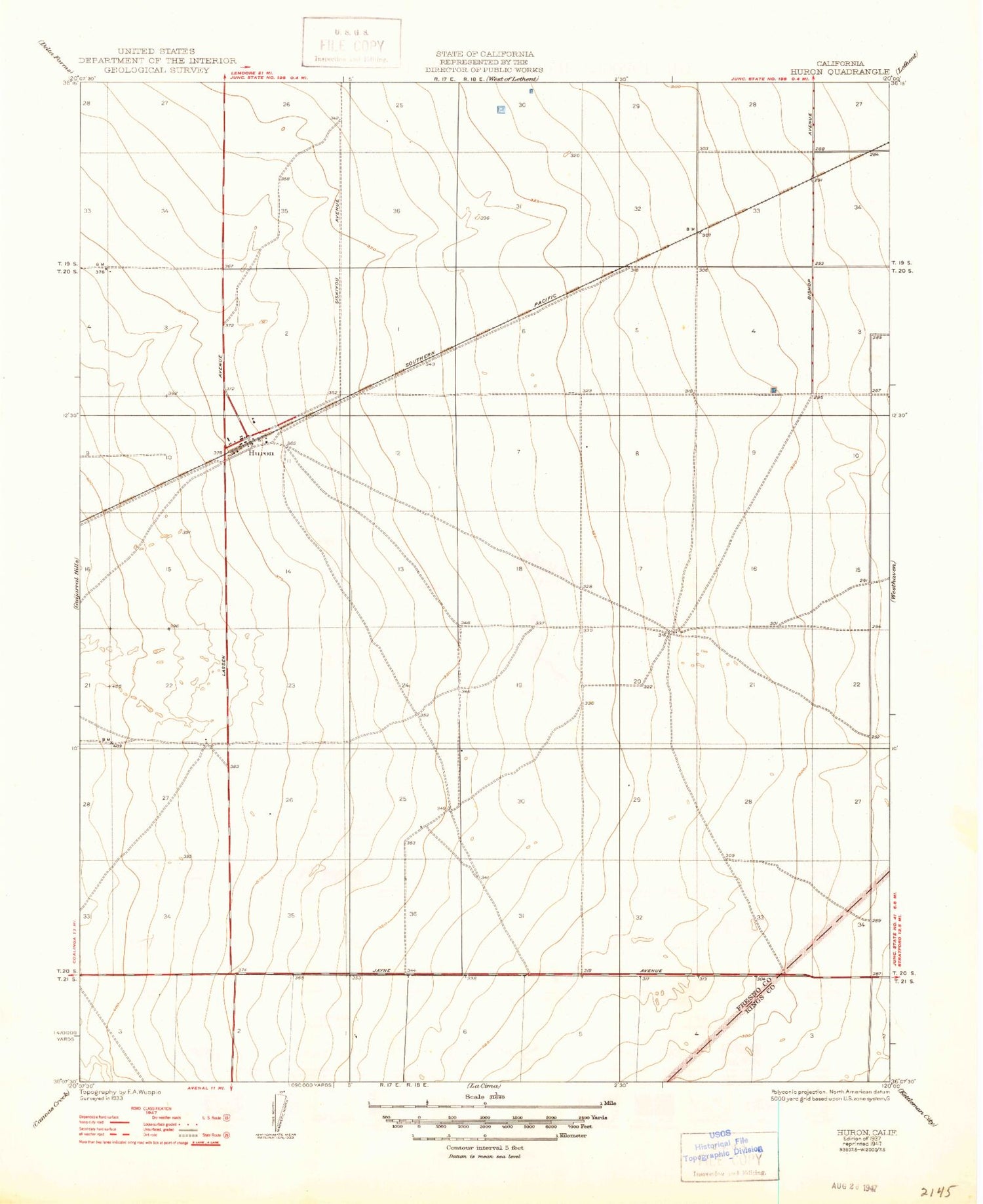 Classic USGS Huron California 7.5'x7.5' Topo Map Image