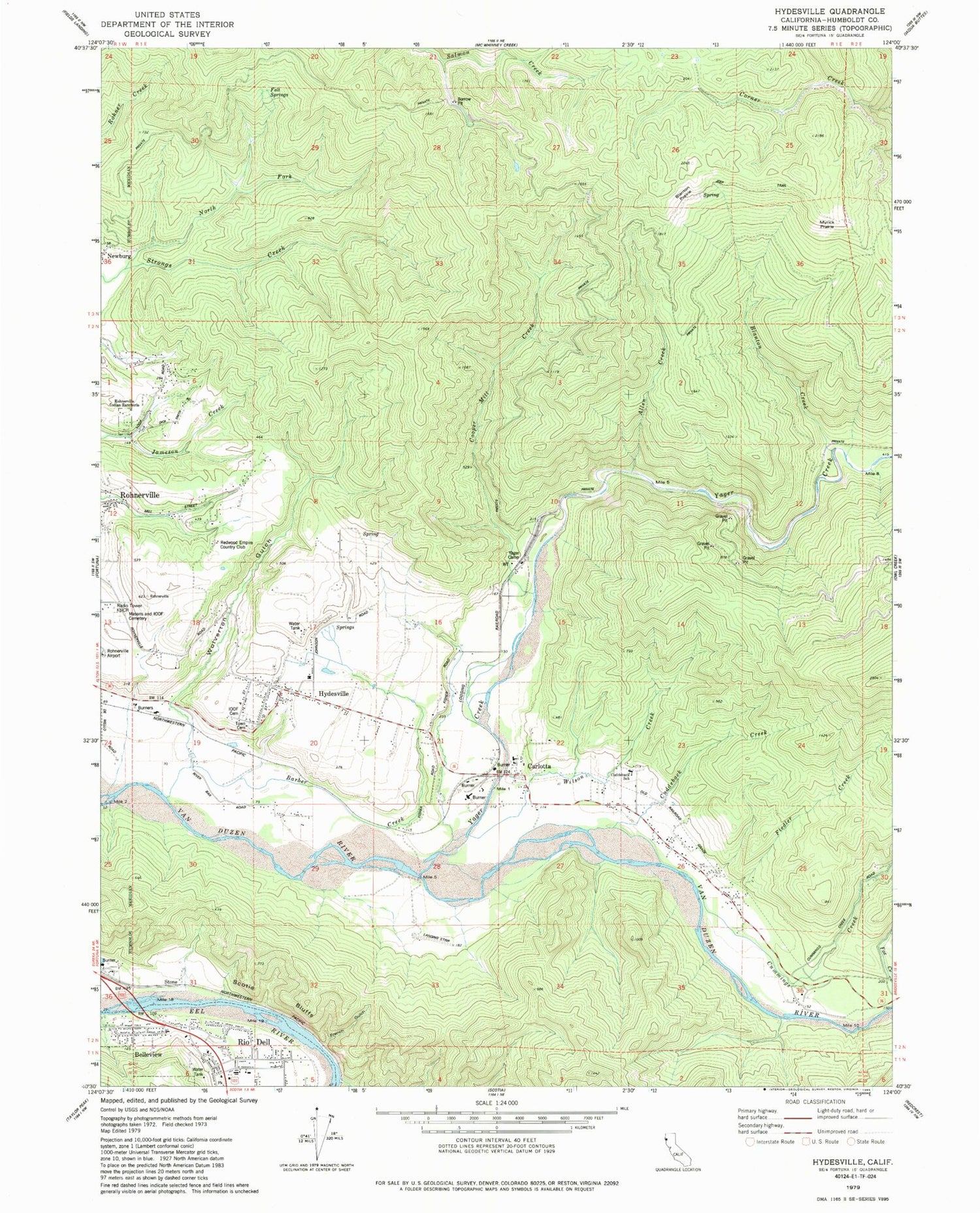 Classic USGS Hydesville California 7.5'x7.5' Topo Map Image