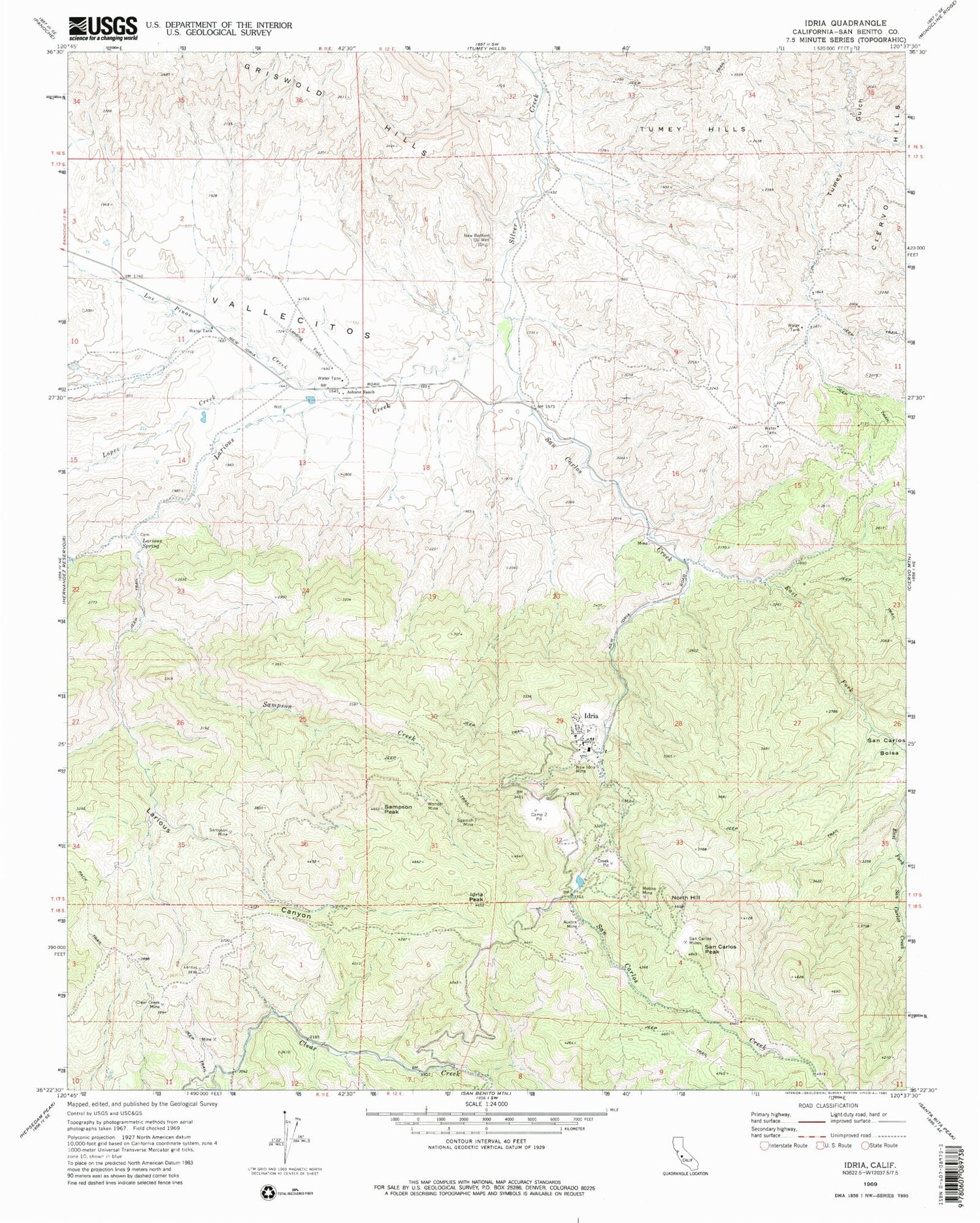 Classic USGS Idria California 7.5'x7.5' Topo Map Image