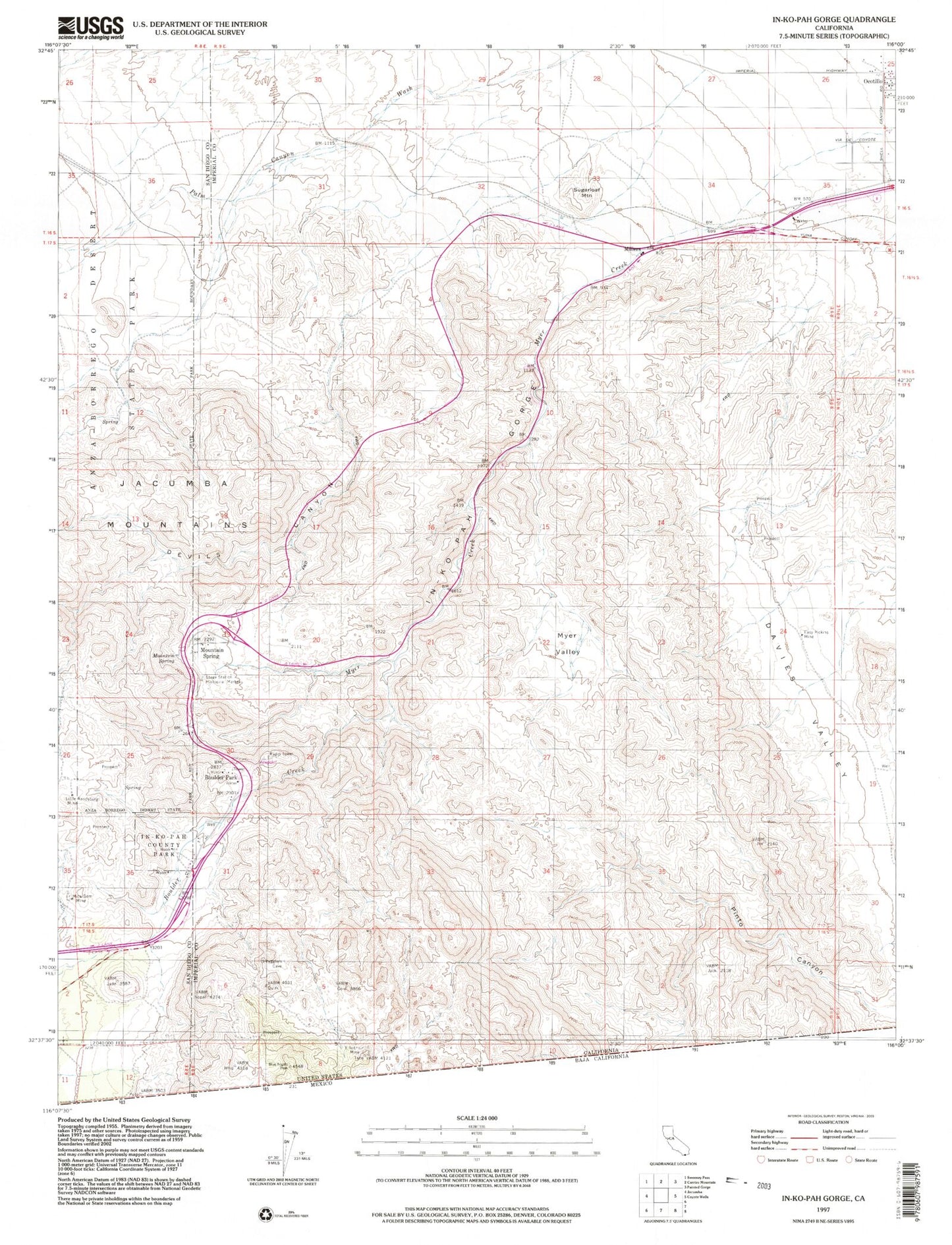 Classic USGS In-Ko-Pah Gorge California 7.5'x7.5' Topo Map Image