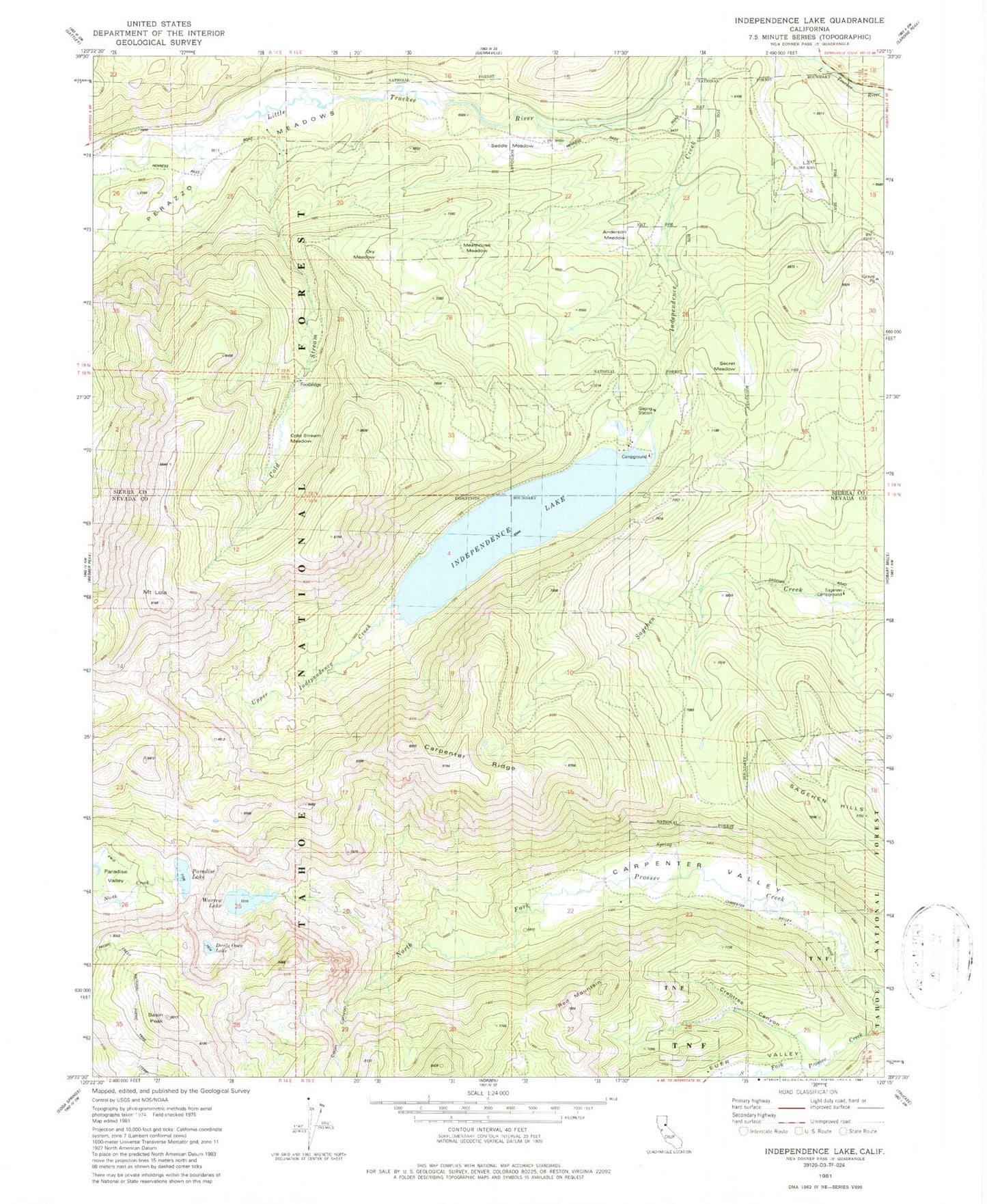 Classic USGS Independence Lake California 7.5'x7.5' Topo Map Image
