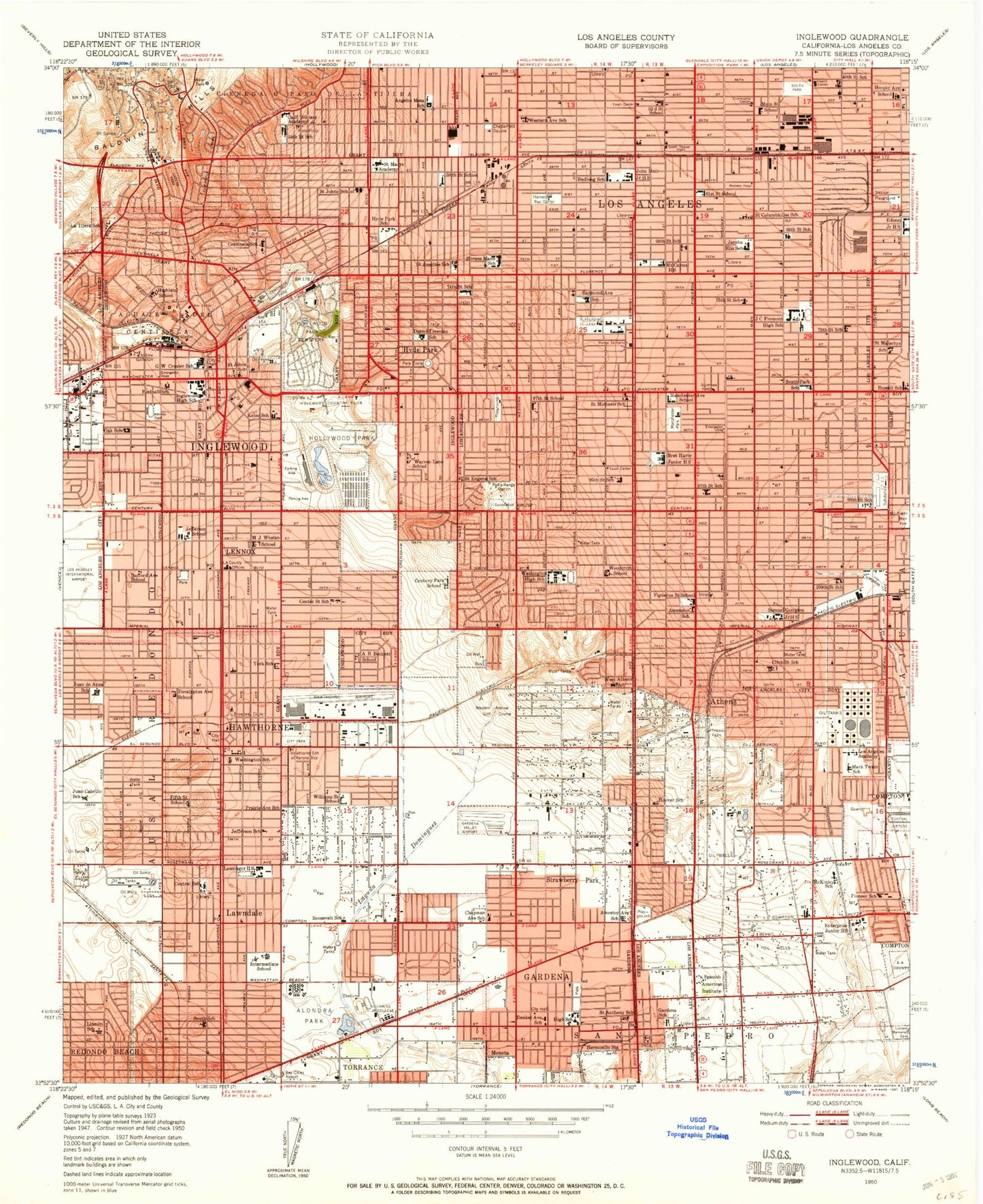 Classic USGS Inglewood California 7.5'x7.5' Topo Map Image