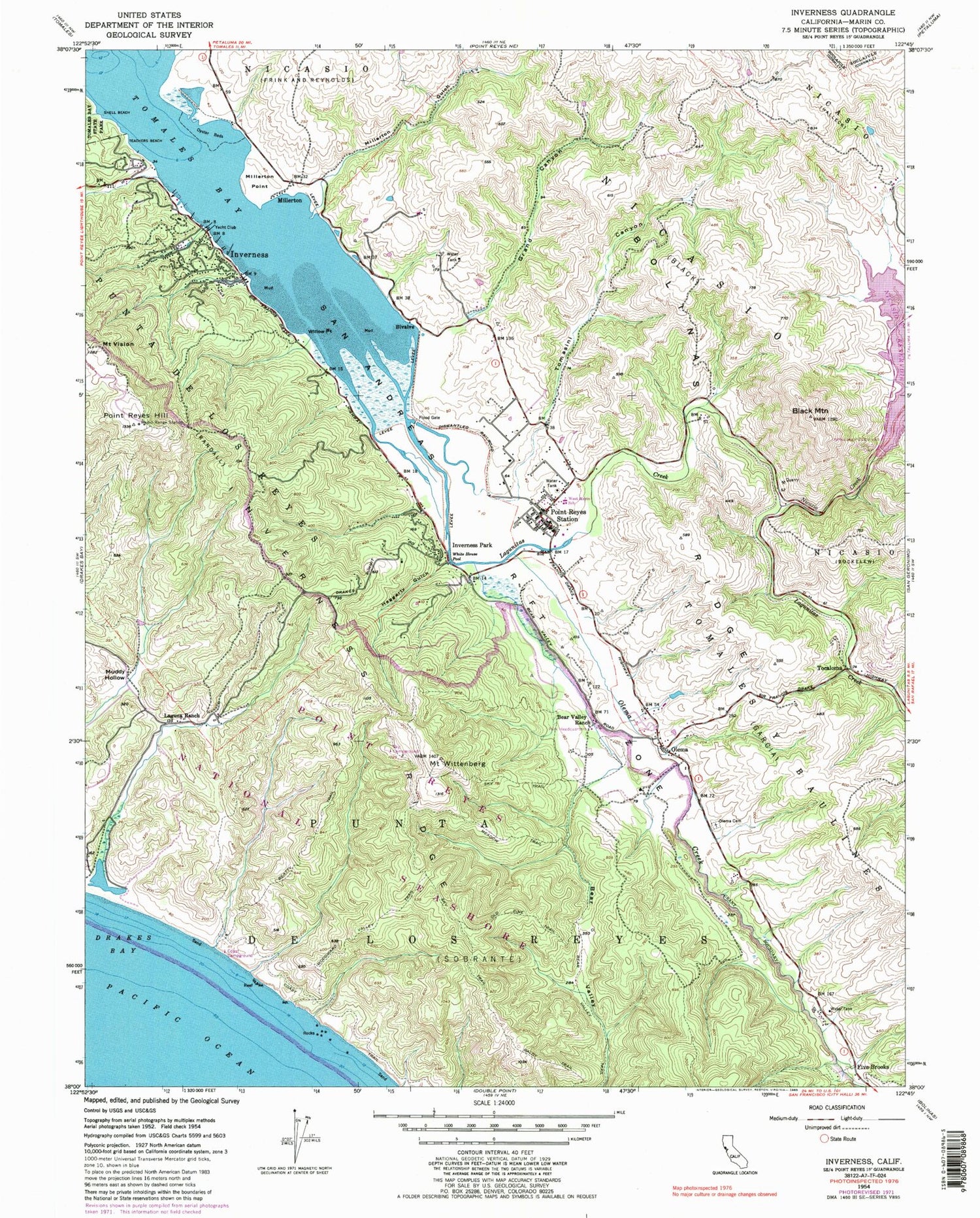 Classic USGS Inverness California 7.5'x7.5' Topo Map Image