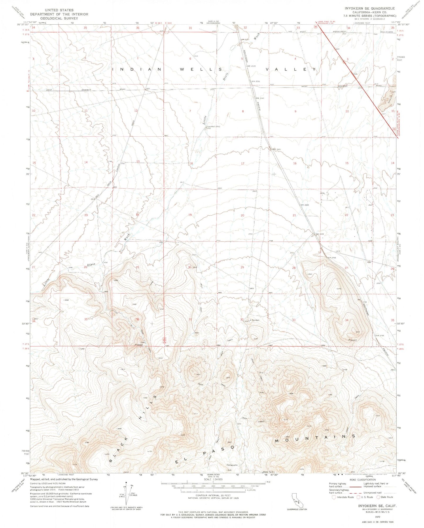 Classic USGS Inyokern SE California 7.5'x7.5' Topo Map Image