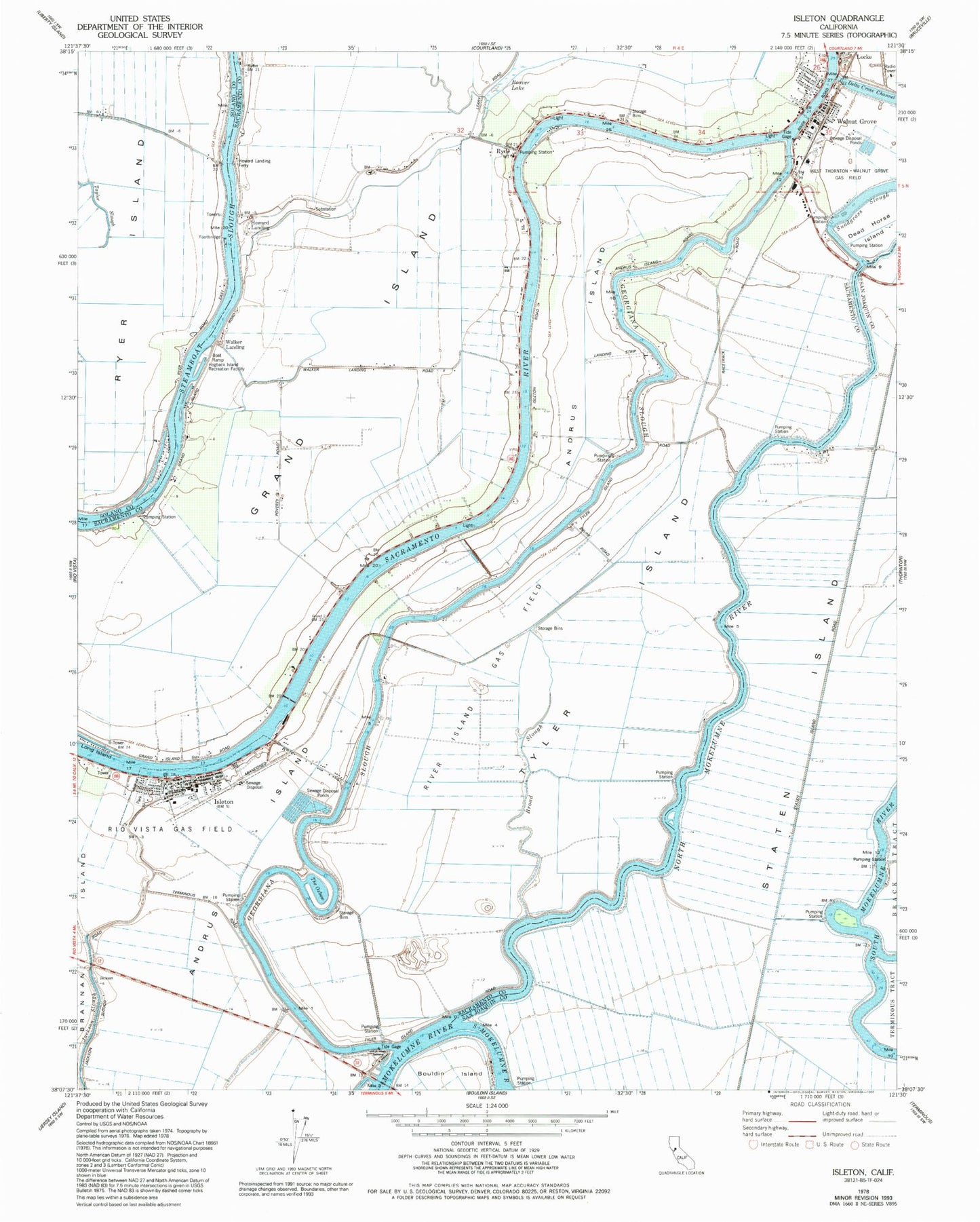 Classic USGS Isleton California 7.5'x7.5' Topo Map Image