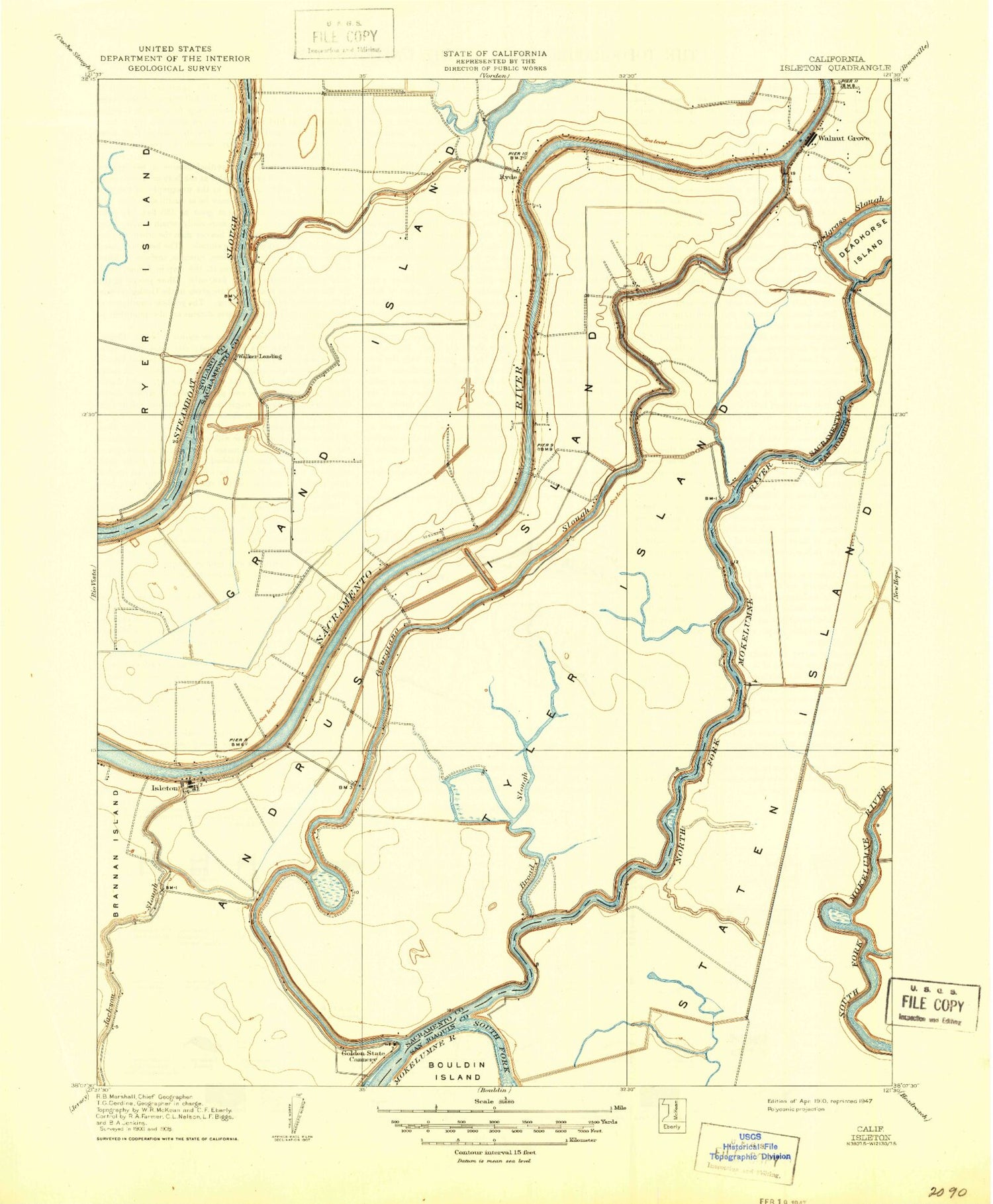 Classic USGS Isleton California 7.5'x7.5' Topo Map Image