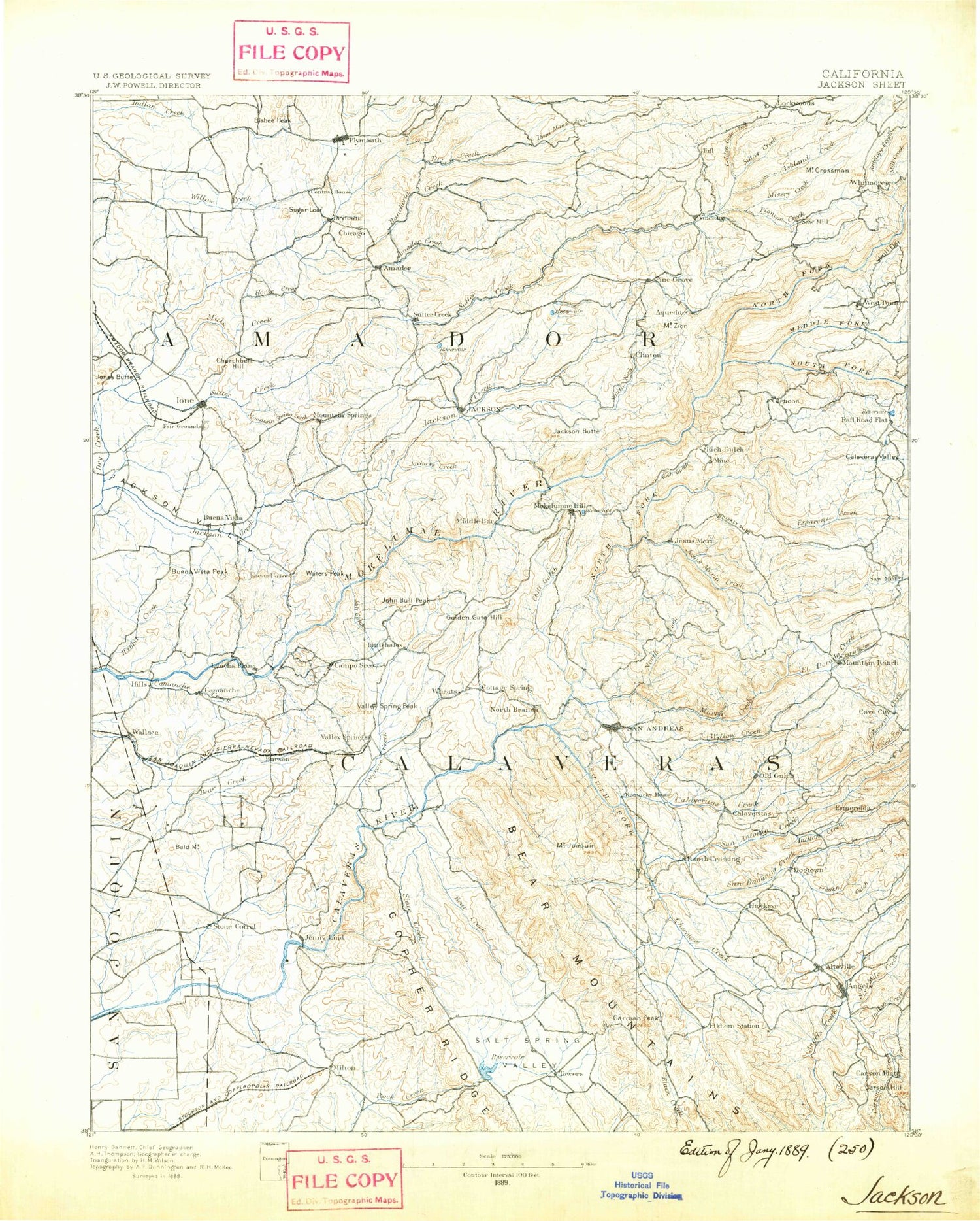 Historic 1889 Jackson California 30'x30' Topo Map Image