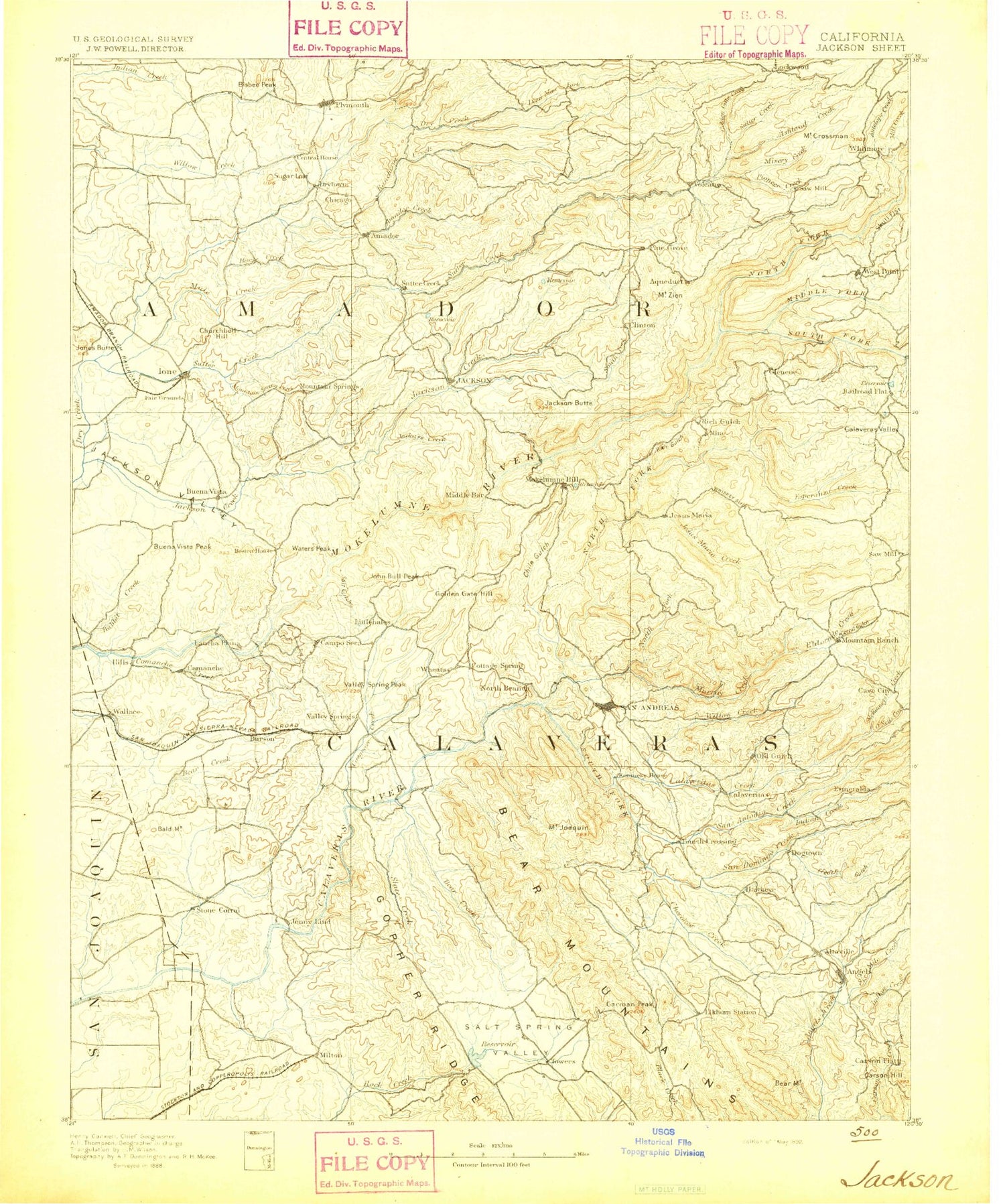Historic 1892 Jackson California 30'x30' Topo Map Image