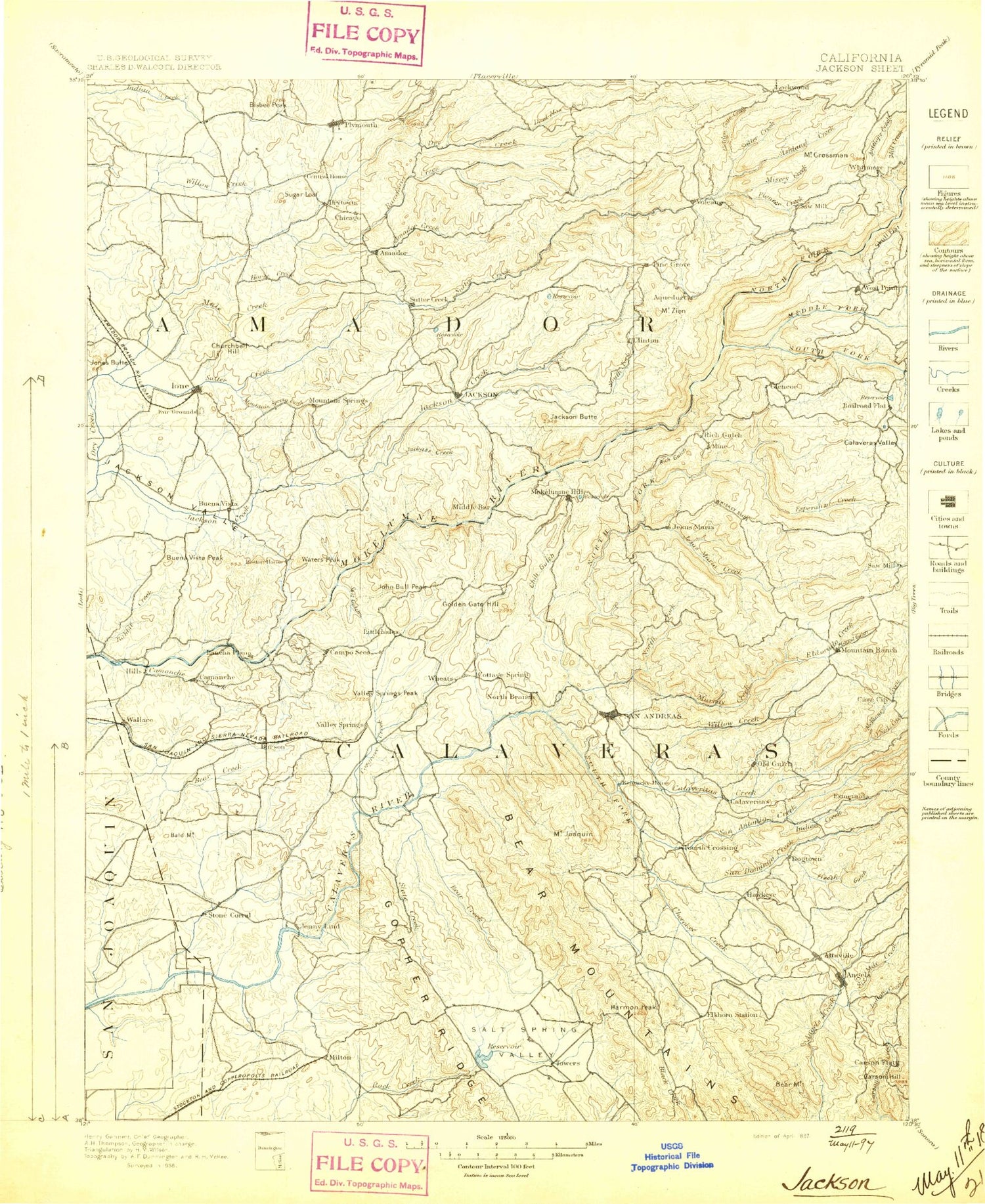 Historic 1897 Jackson California 30'x30' Topo Map Image