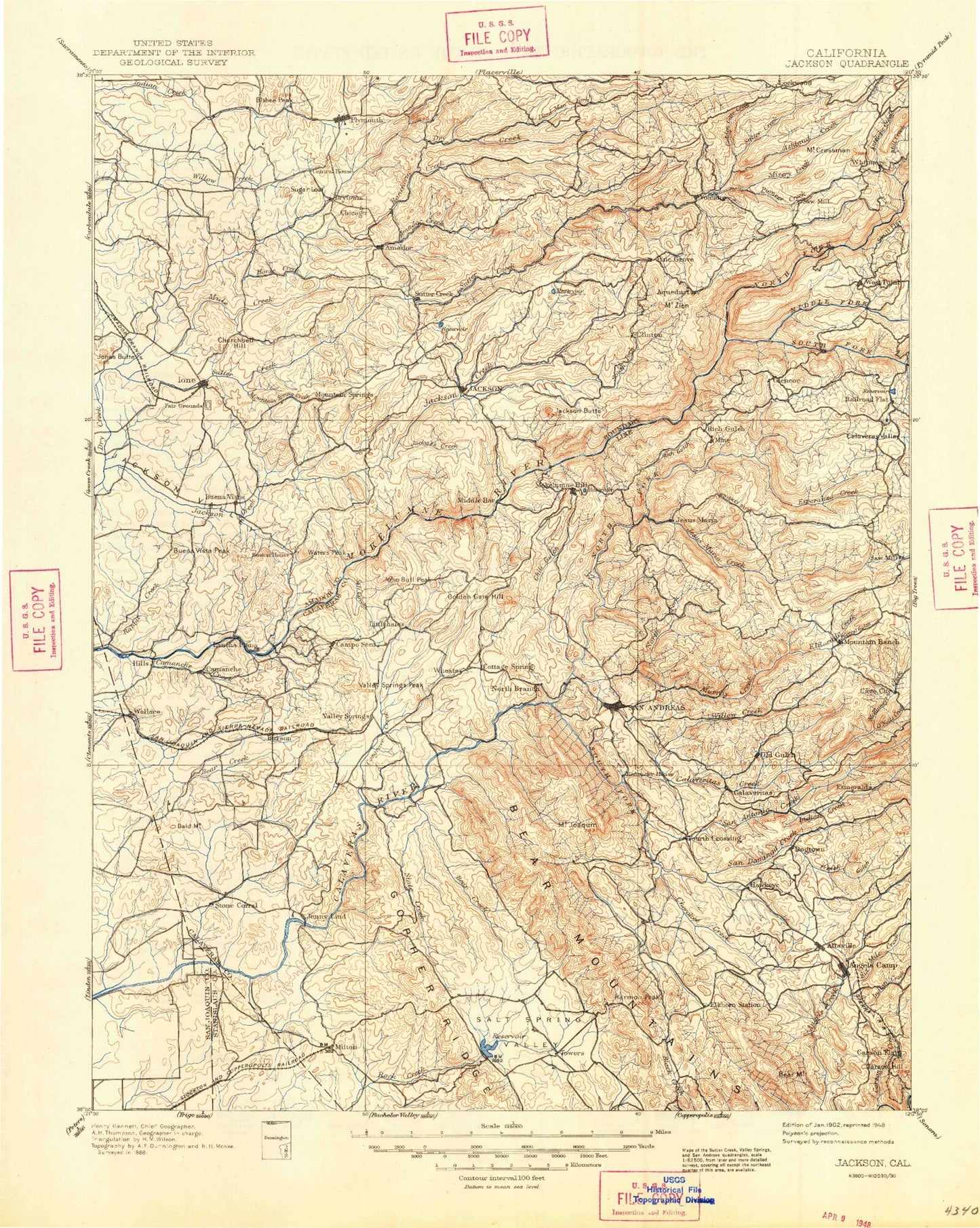 Historic 1902 Jackson California 30'x30' Topo Map Image