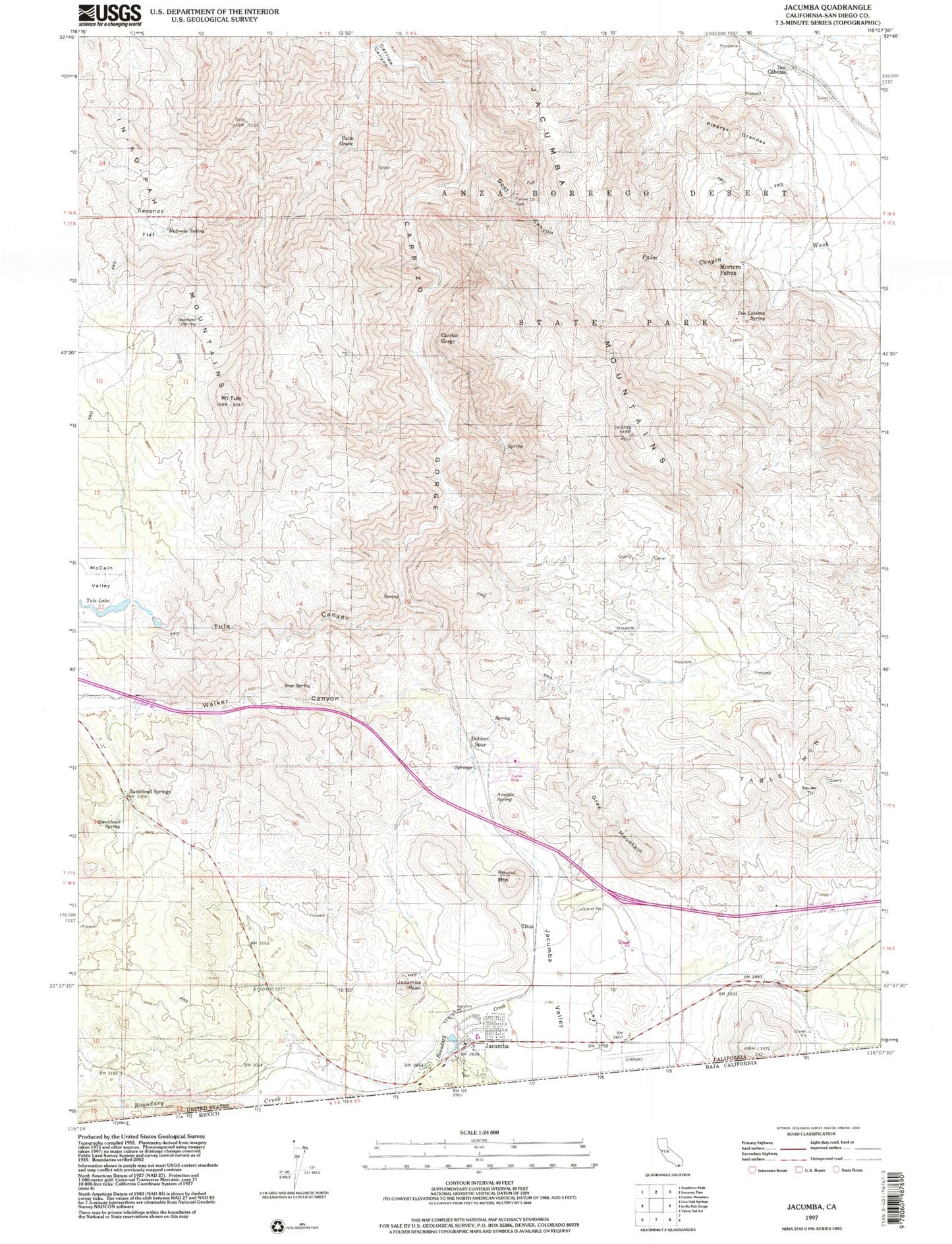 Classic USGS Jacumba California 7.5'x7.5' Topo Map Image
