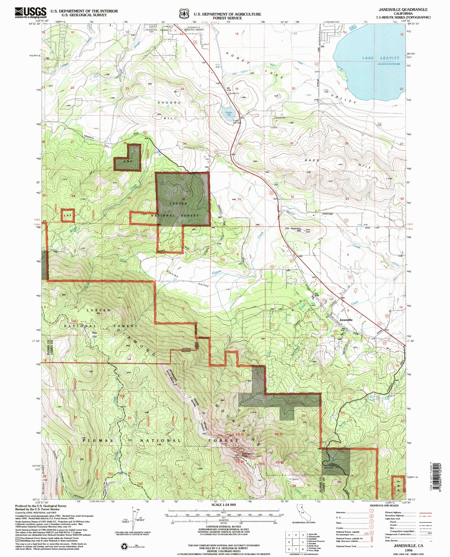 Classic USGS Janesville California 7.5'x7.5' Topo Map Image