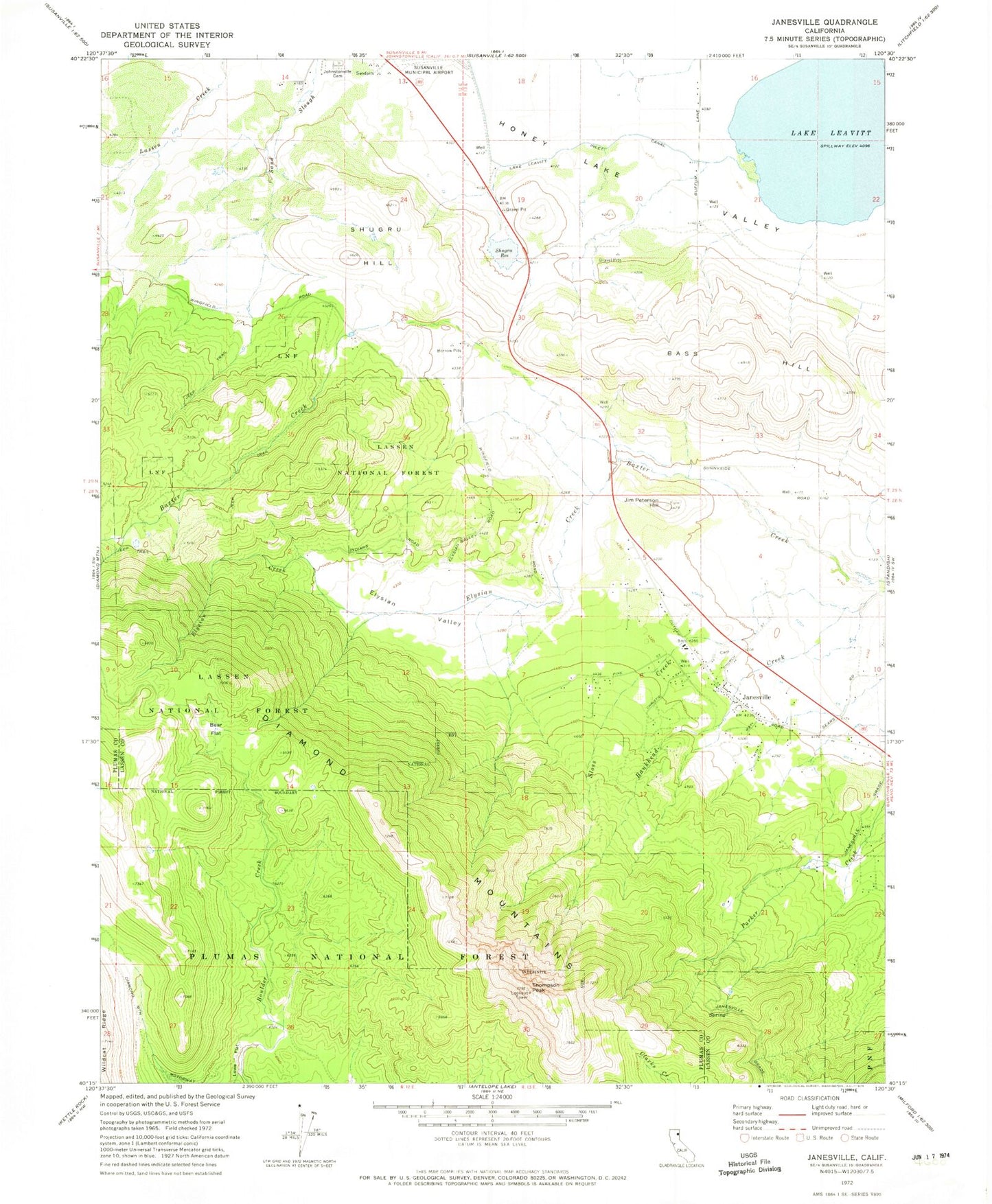 Classic USGS Janesville California 7.5'x7.5' Topo Map Image