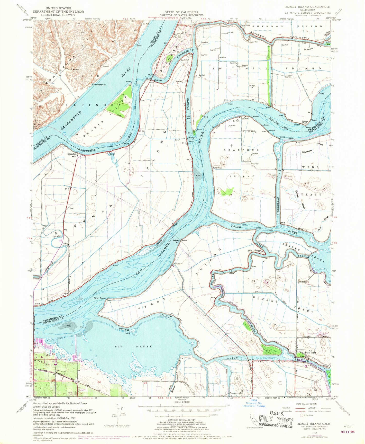 Classic USGS Jersey Island California 7.5'x7.5' Topo Map Image