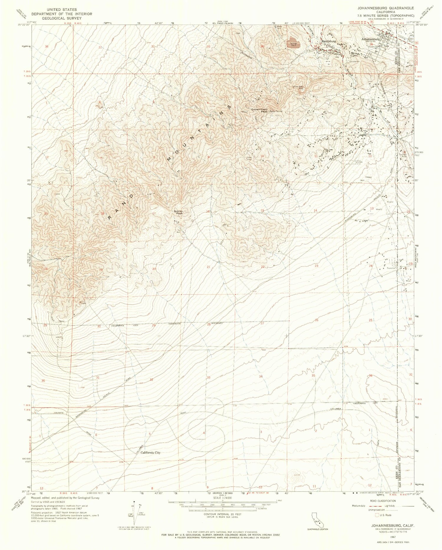 Classic USGS Johannesburg California 7.5'x7.5' Topo Map Image