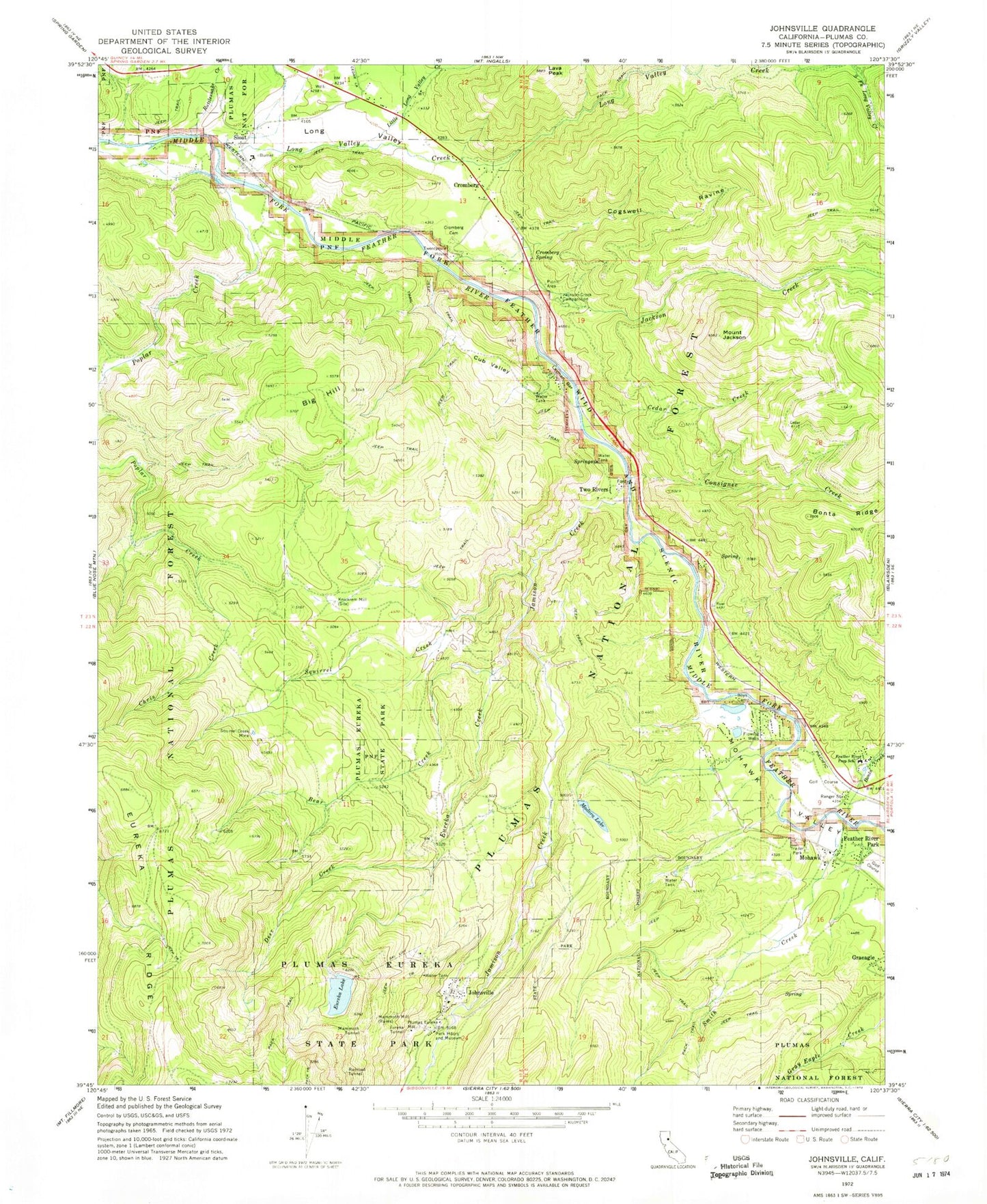 Classic USGS Johnsville California 7.5'x7.5' Topo Map Image
